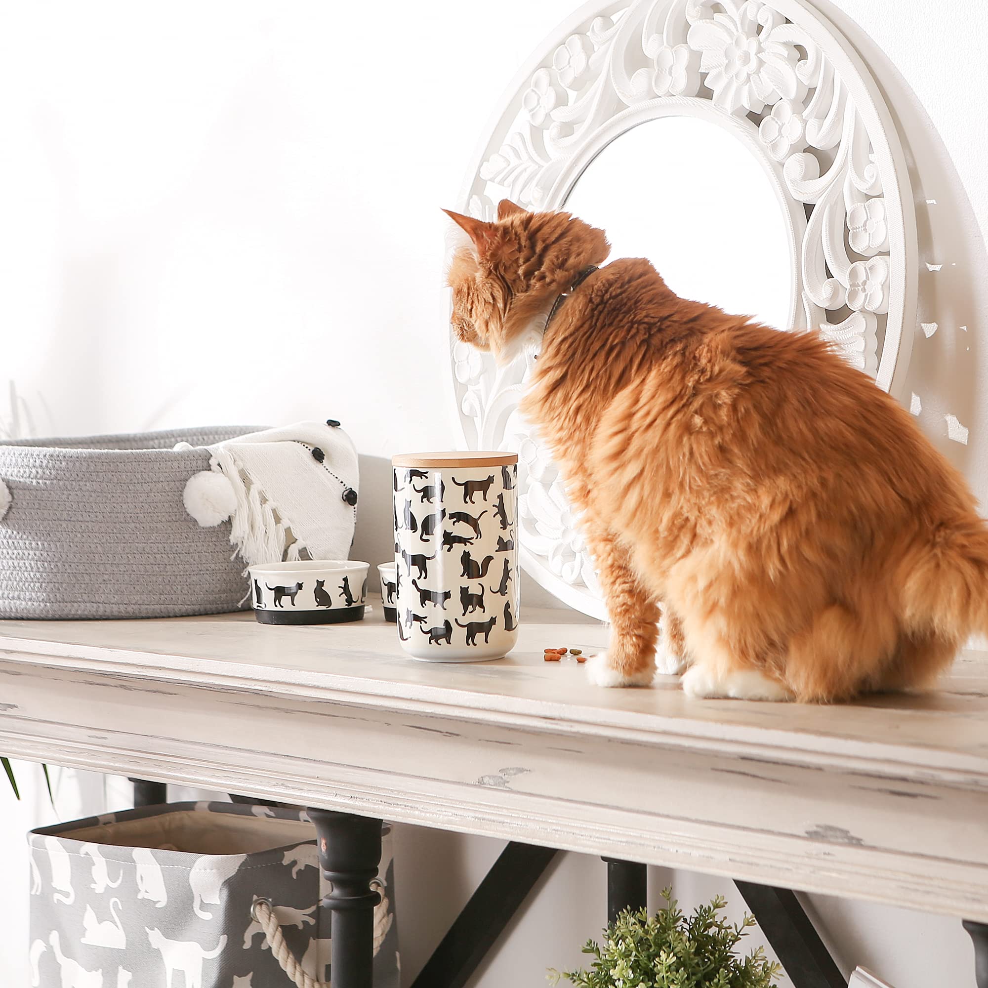 Bone Dry Ceramic Treat Jar for Cats and Dogs, Bamboo Lid, Dishwasher Safe Canister, 4x6.5", Black/White, Cat Treats