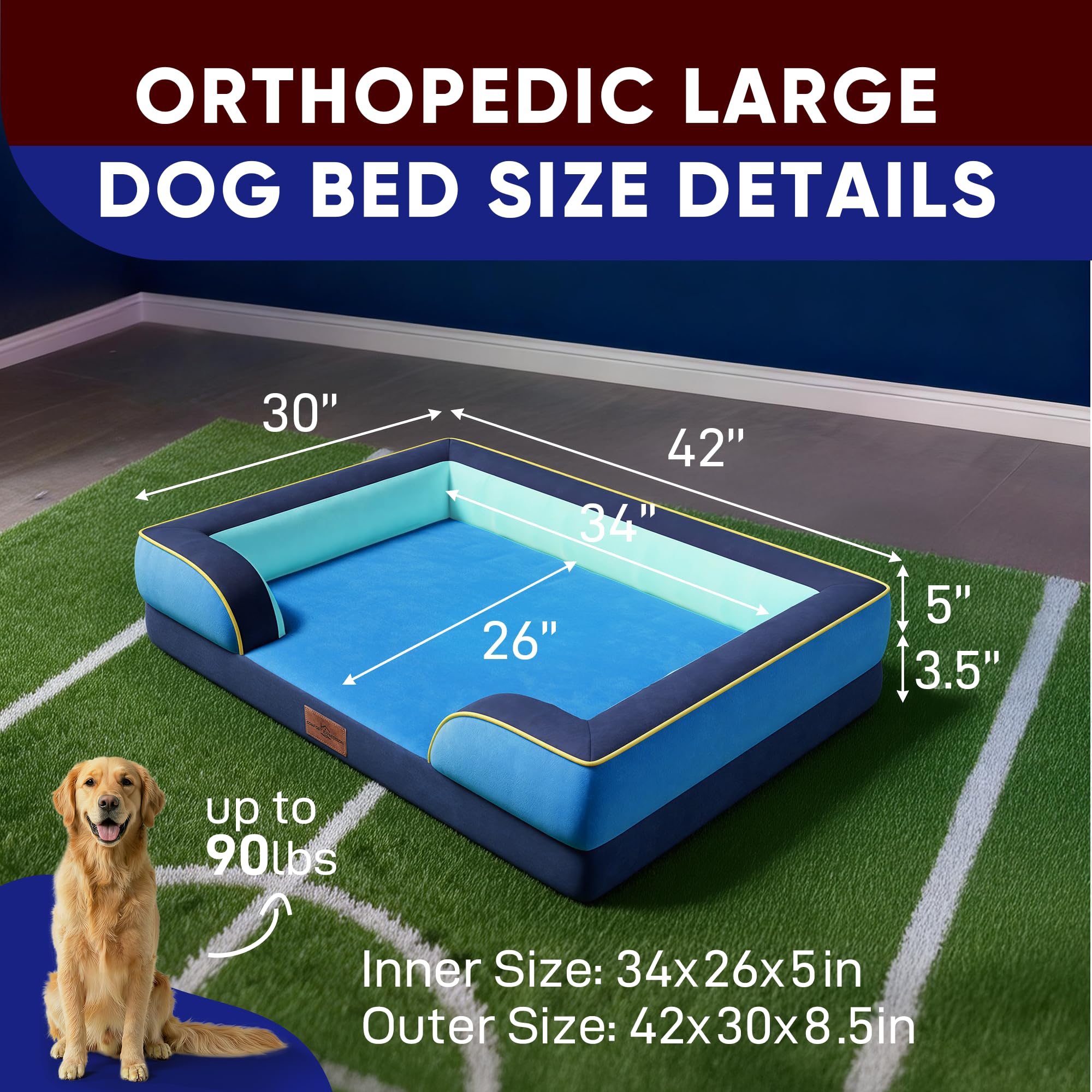 Comfort Expression Orthopedic Dog Bed for Extra Large Dogs 42x30 Inch, Waterproof Egg Crate Foam XL Pet Bed with Bolsters, Dog Couch with Washable Cover & Non-Slip Bottom, New Jersey