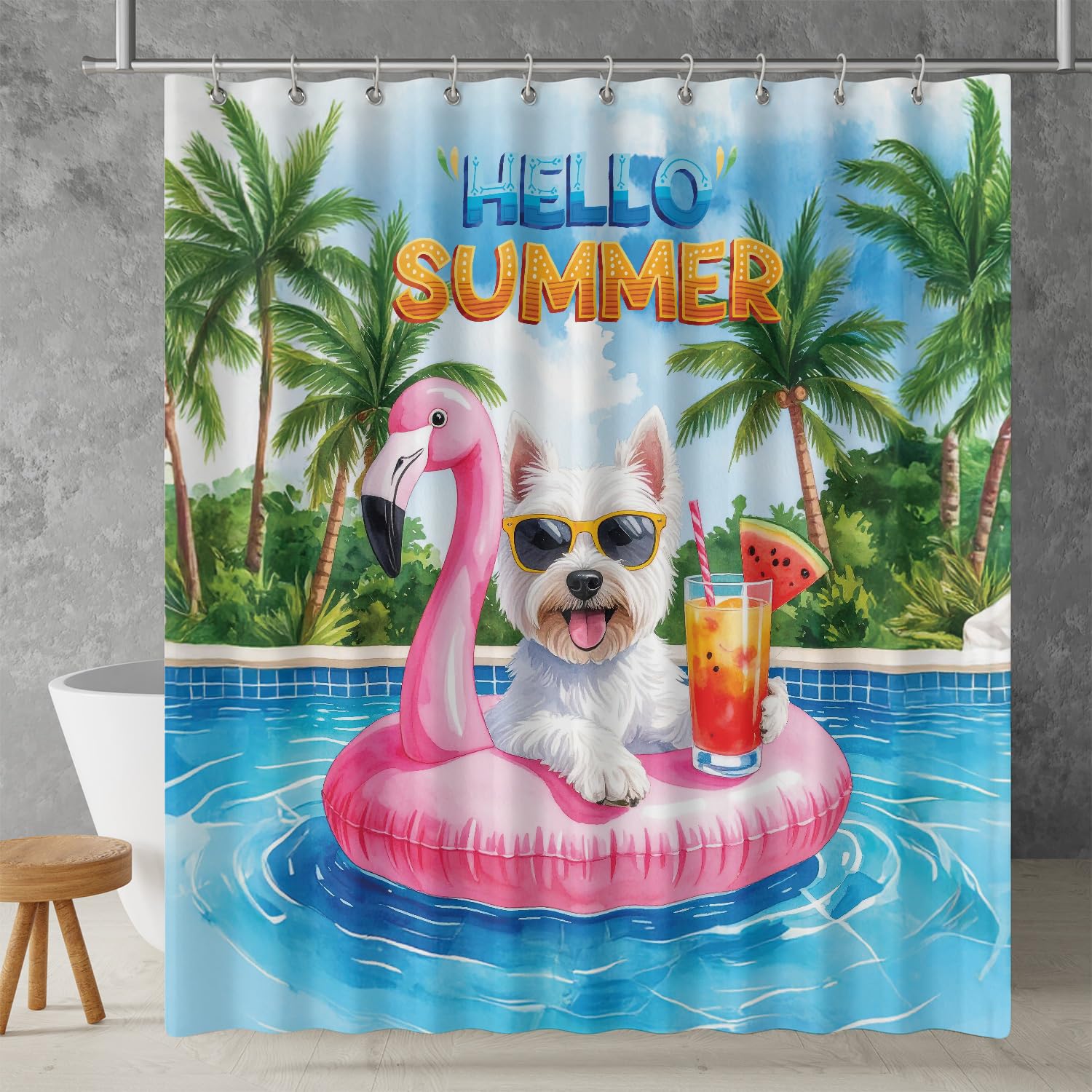 Ninety3POD Hello Summer West Highland White Terrier at Swimming Pool Flamingo Swim Ring Shower Curtain Westie Westy Dog Lover Waterproof Bathroom Bathtub Curtain 12009