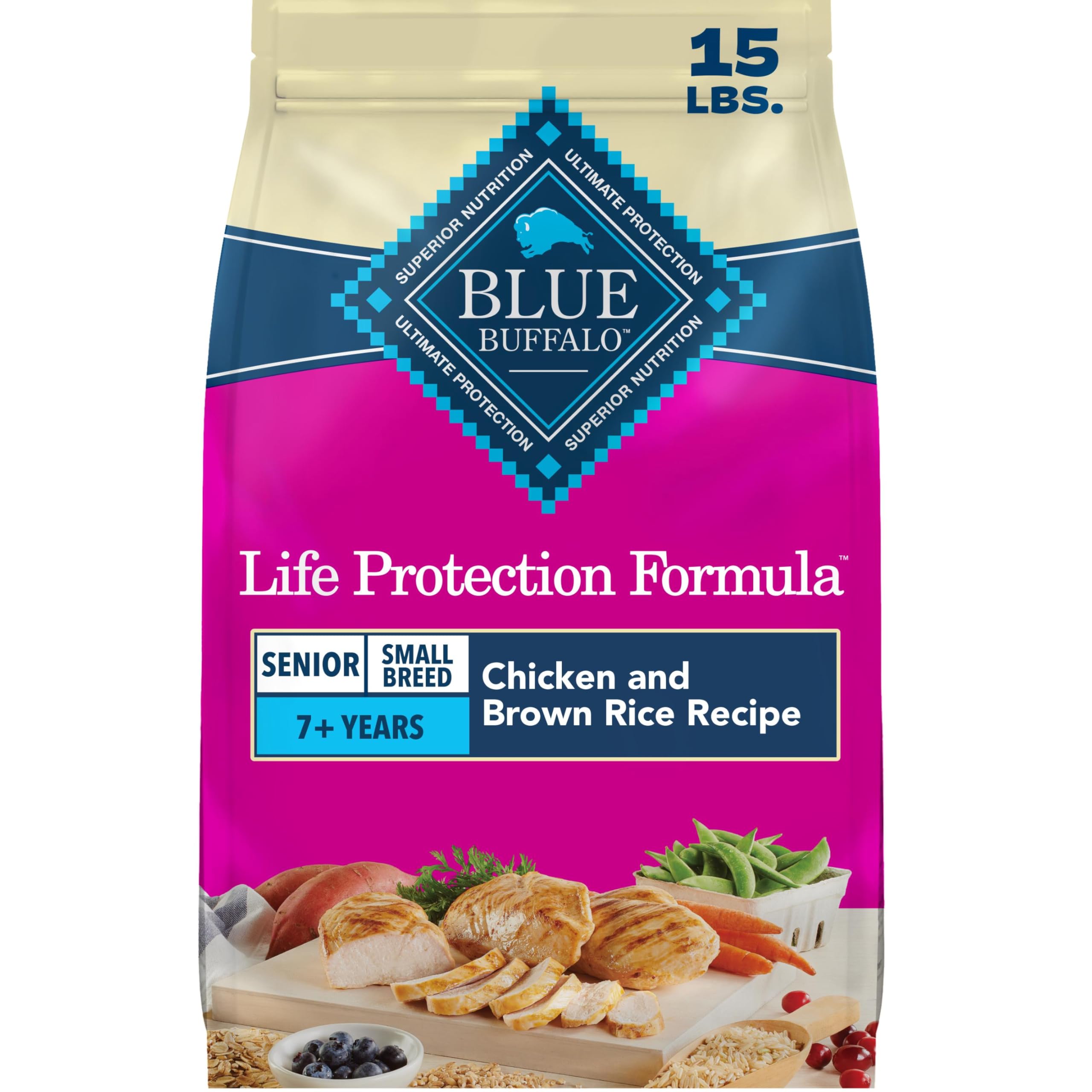 Blue Buffalo Life Protection Formula Chicken & Brown Rice Small Breed Senior Dry Dog Food Supports Immunity With Antioxidant-Rich LifeSource Bits, Promotes Healthy Muscles, Skin & Coat Health, 15 lbs.