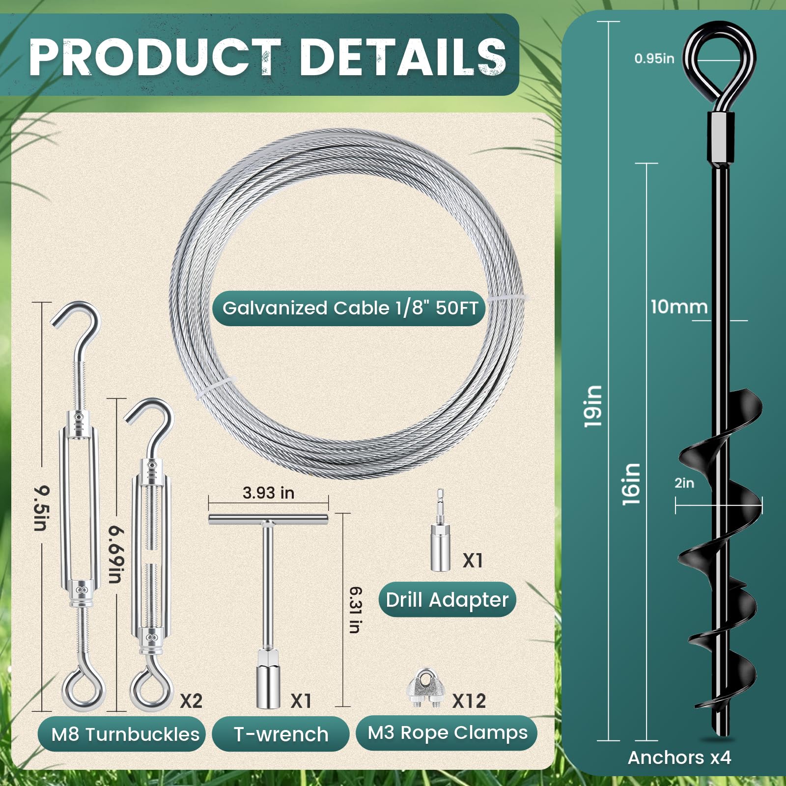 19" Ground Anchors Heavy Duty Shed Anchors Kit, Mobile Home Anchor Earth Anchor with 1/8" Galvanized Cable and Turnbuckles for Sheds Canopy Gazebo Trampoline Swing Set(4x19in)