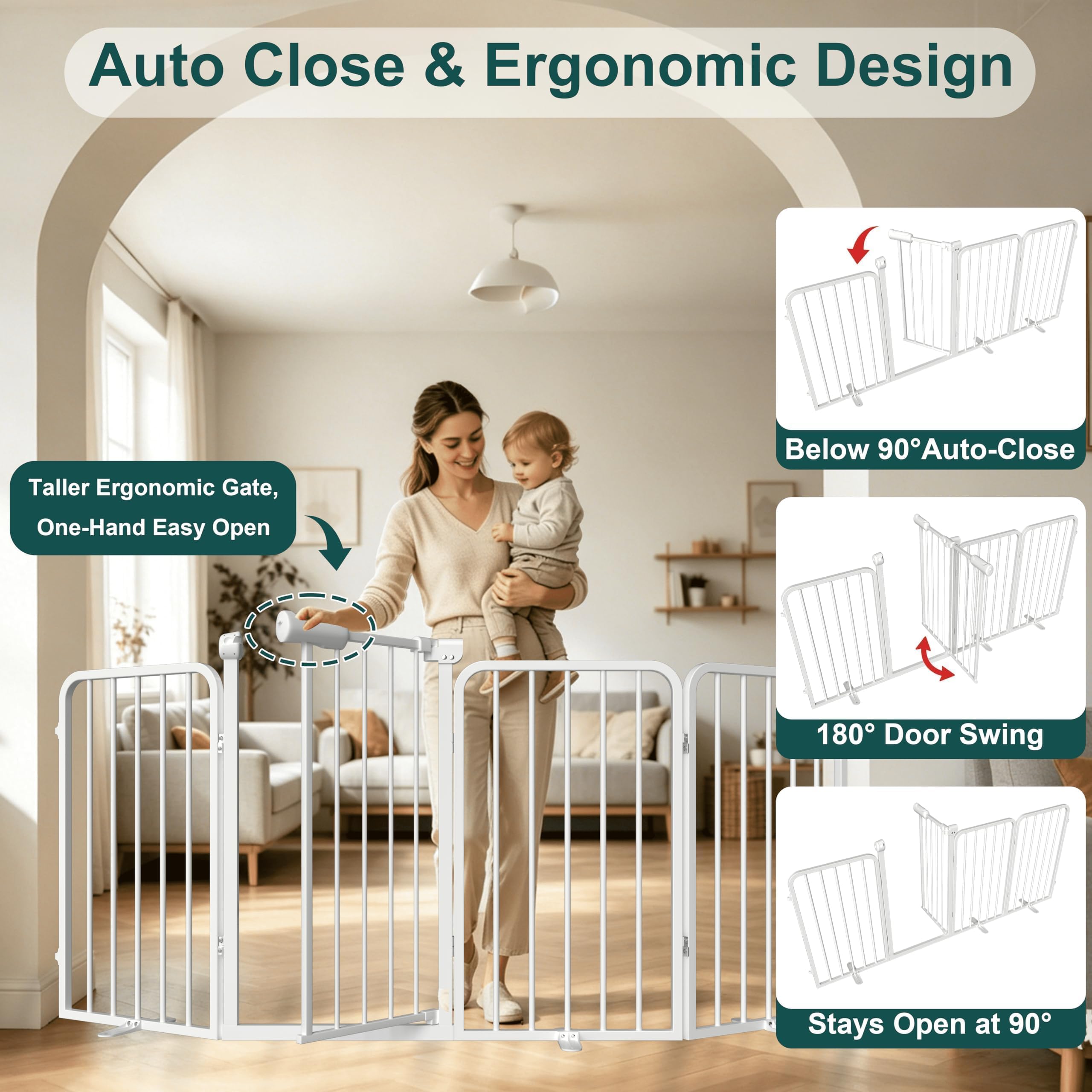 WAOWAO Heavy-duty Freetanding Dog Gate with Door, 106"Extra Wide 30"Tall Metal Puppy Pet Gate for Indoor, Foldable Gate for Doorways, Stairs, Hallways, House, Free Standing /Wall Mounted Gate 6 Panels
