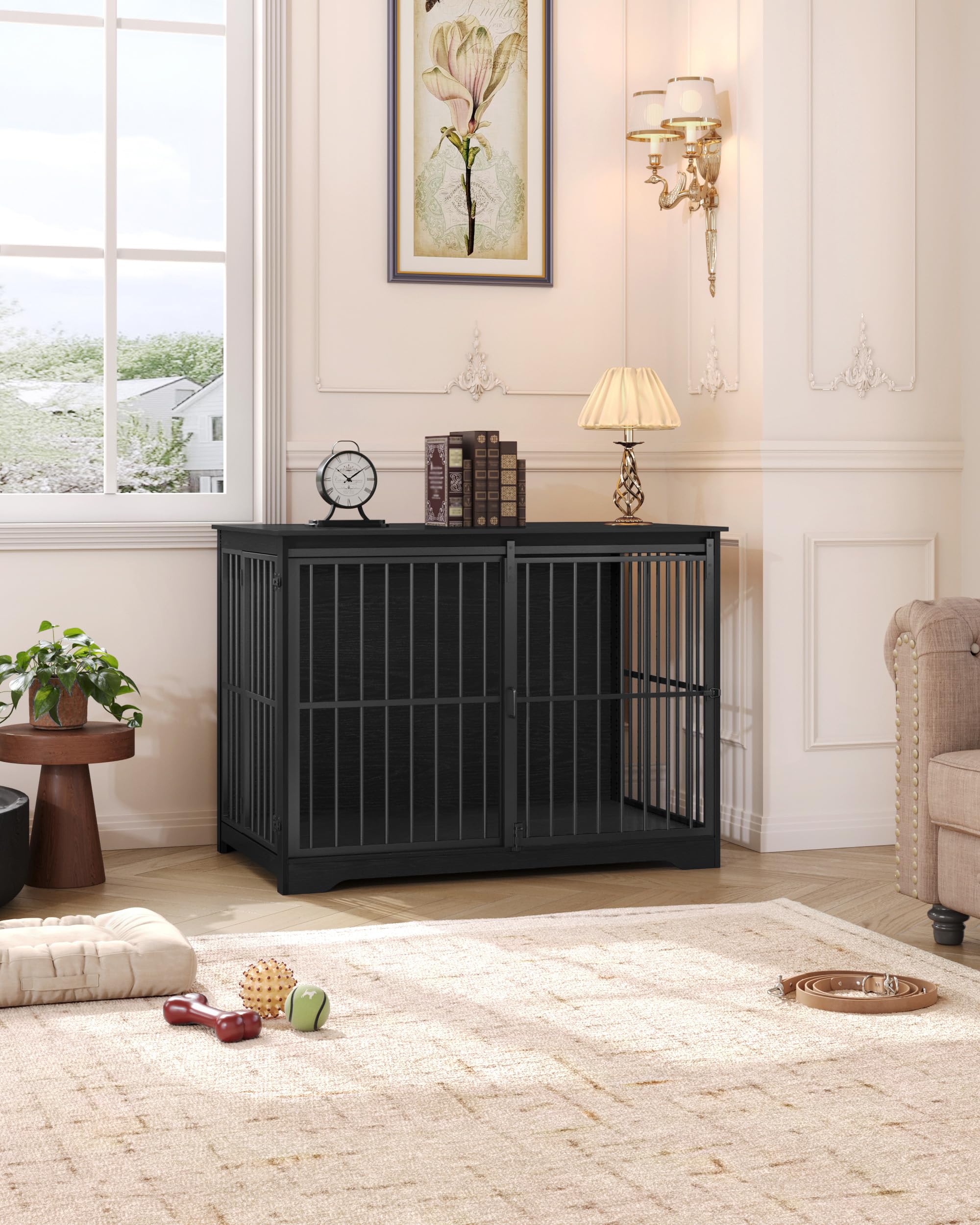 Hzuaneri XXL Large Dog Crate Furniture, 46.9" Indoor Dog Kennel Furniture with Barn Door, Wooden Tall Dog Crate, Heavy Duty Dog Cage for Large Dogs, Side End Table, Anti-Chew, Black DFC83804B