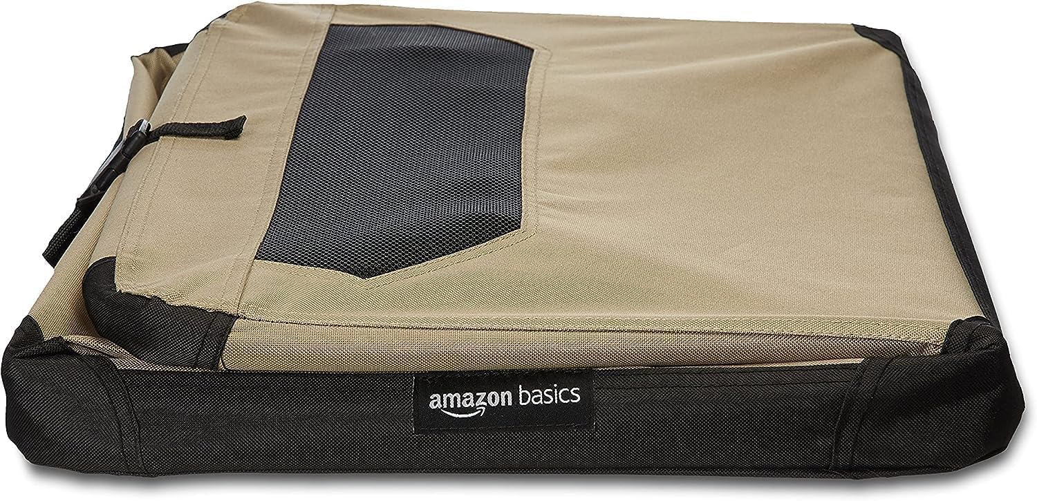 Amazon Basics Portable Folding Soft Dog Crate, 2-Door, Collapsible Travel Kennel, Top & Front Loading, Small 26" x 18" x 18", Tan