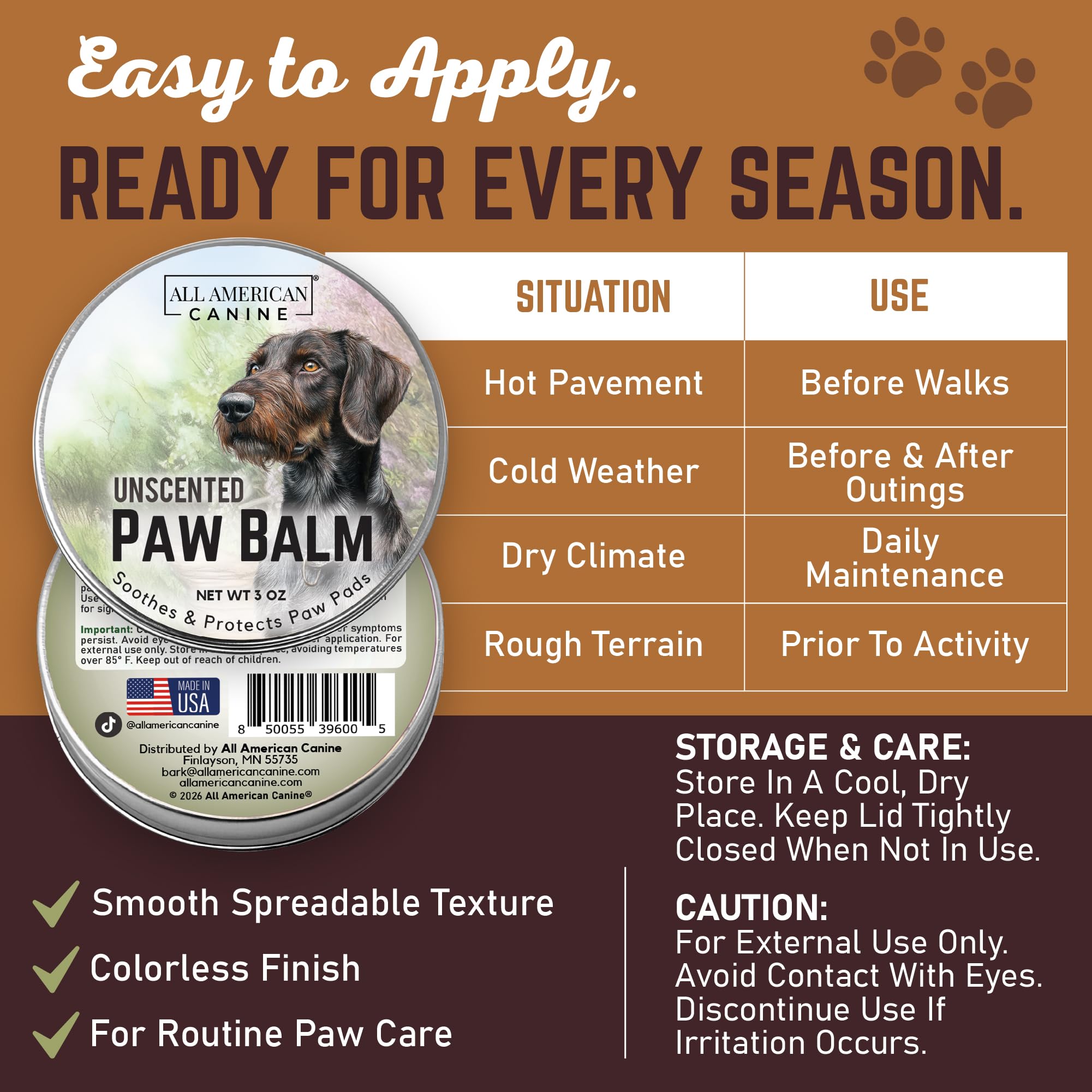 ALL AMERICAN CANINE Soothing Paw Balm with Natural Ingredients for Dog Paw Protection and Nourishment | Suitable for Active, Working, and Sporting Dogs, 3 oz