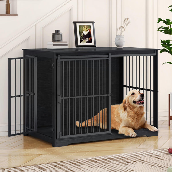 Hzuaneri XXL Large Dog Crate Furniture, 46.9" Indoor Dog Kennel Furniture with Barn Door, Wooden Tall Dog Crate, Heavy Duty Dog Cage for Large Dogs, Side End Table, Anti-Chew, Black DFC83804B