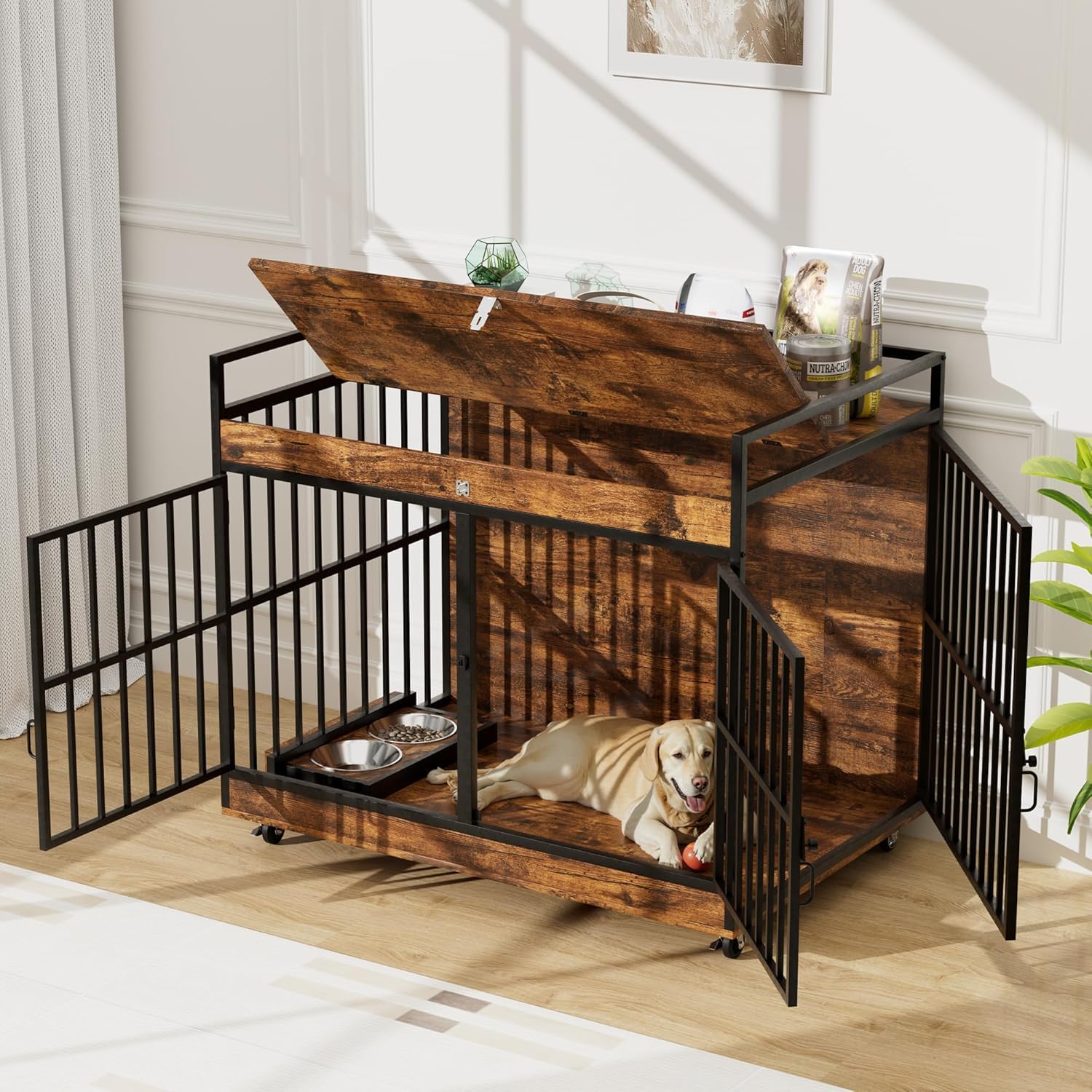 NEWBULAND 45 Inch Dog Crate Furniture for Large Dog with 2 Stainless Steel Bowls, Heavy Duty Dog Kennel Indoor, Large Wooden Dog Crate Table for Decorate House As TV Stand, End Table