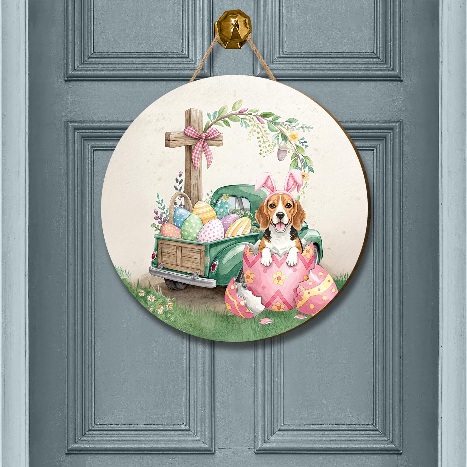 Easter Egg Beagle Bunny Ear Welcome Spring Truck Round Wood Sign Beagles Dog Lover Gifts Idea Hanging Wall Home Decor 12002
