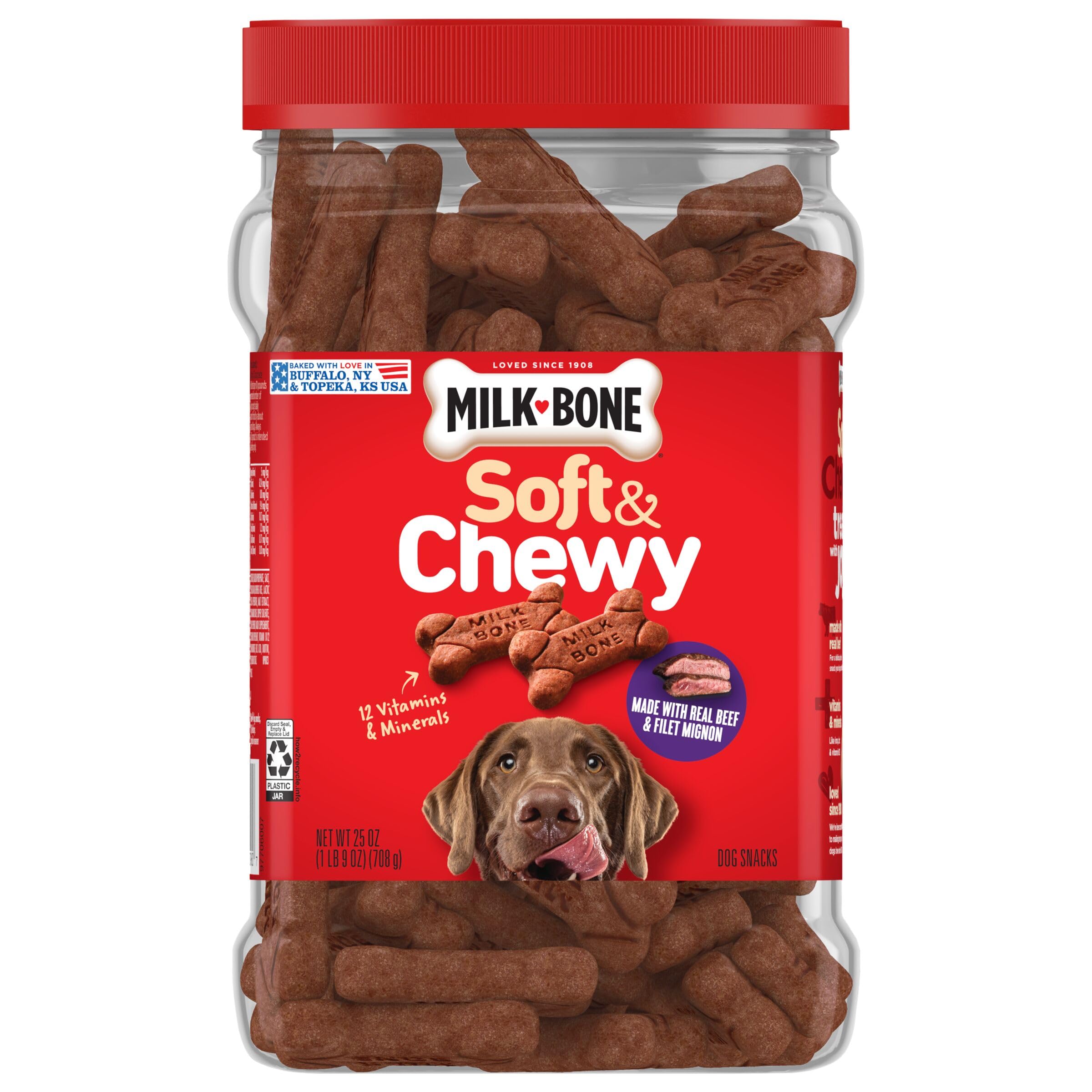 Milk-Bone Soft & Chewy Dog Treats, Made with Real Beef & Filet Mignon, 25 Ounce Canister