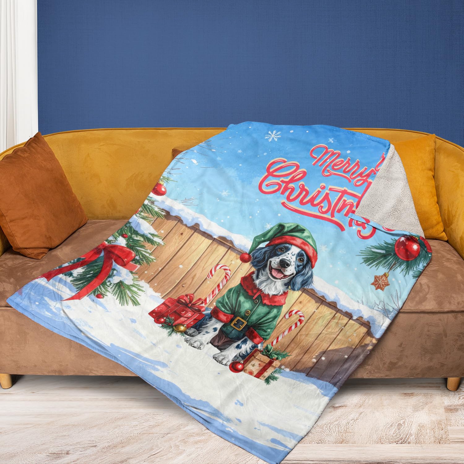 Merry Christmas Woofmas Xmas Noel English Setter Elf Candy Cane Snow Cozy Fleece Sherpa Blanket Dog Lover Warm Soft Throw Blanket 13017