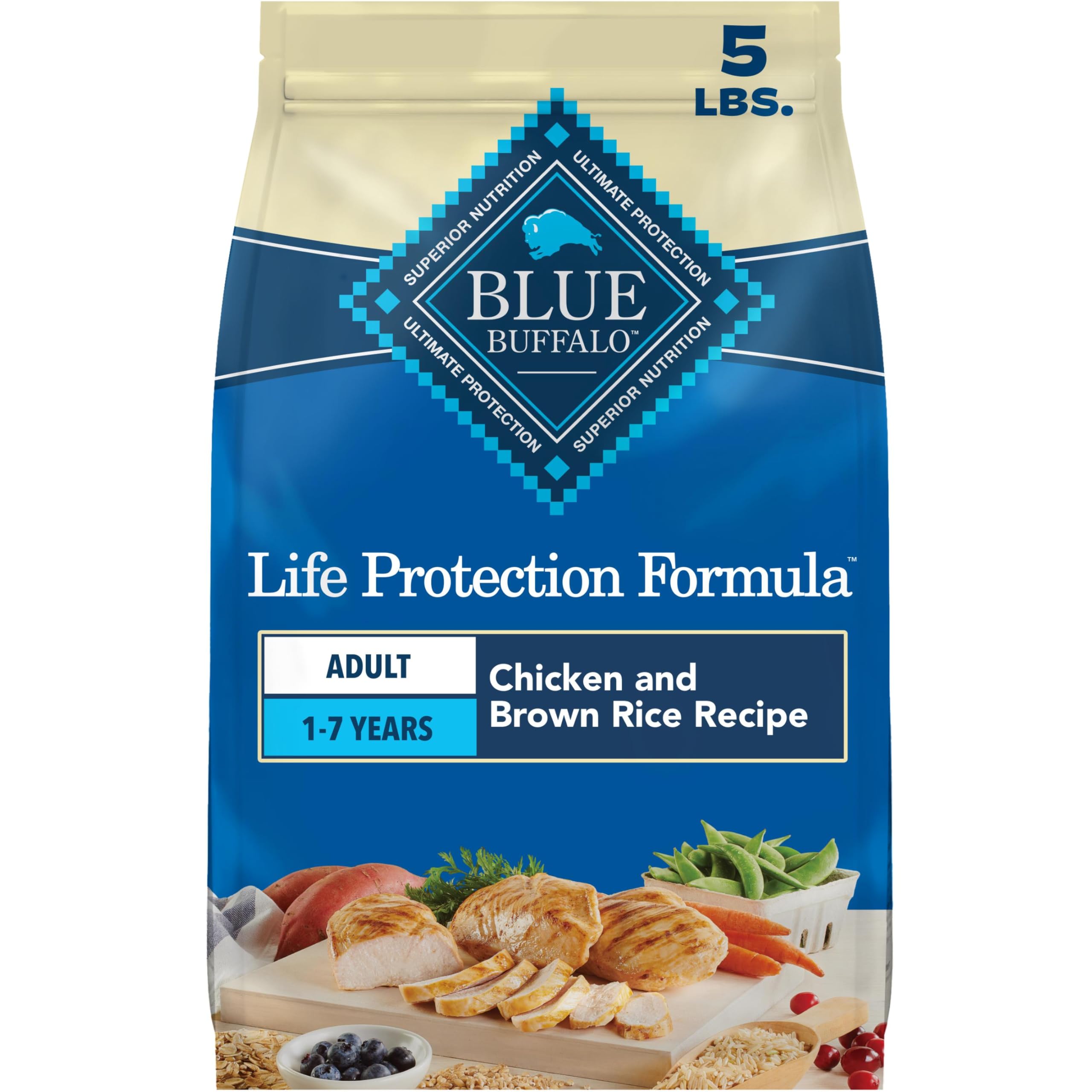 Blue Buffalo Life Protection Formula Chicken & Brown Rice Adult Dry Dog Food, Supports Immunity with Antioxidant-Rich LifeSource Bits, Promotes Healthy Muscle Development, Skin & Coat Health, 5 lbs.