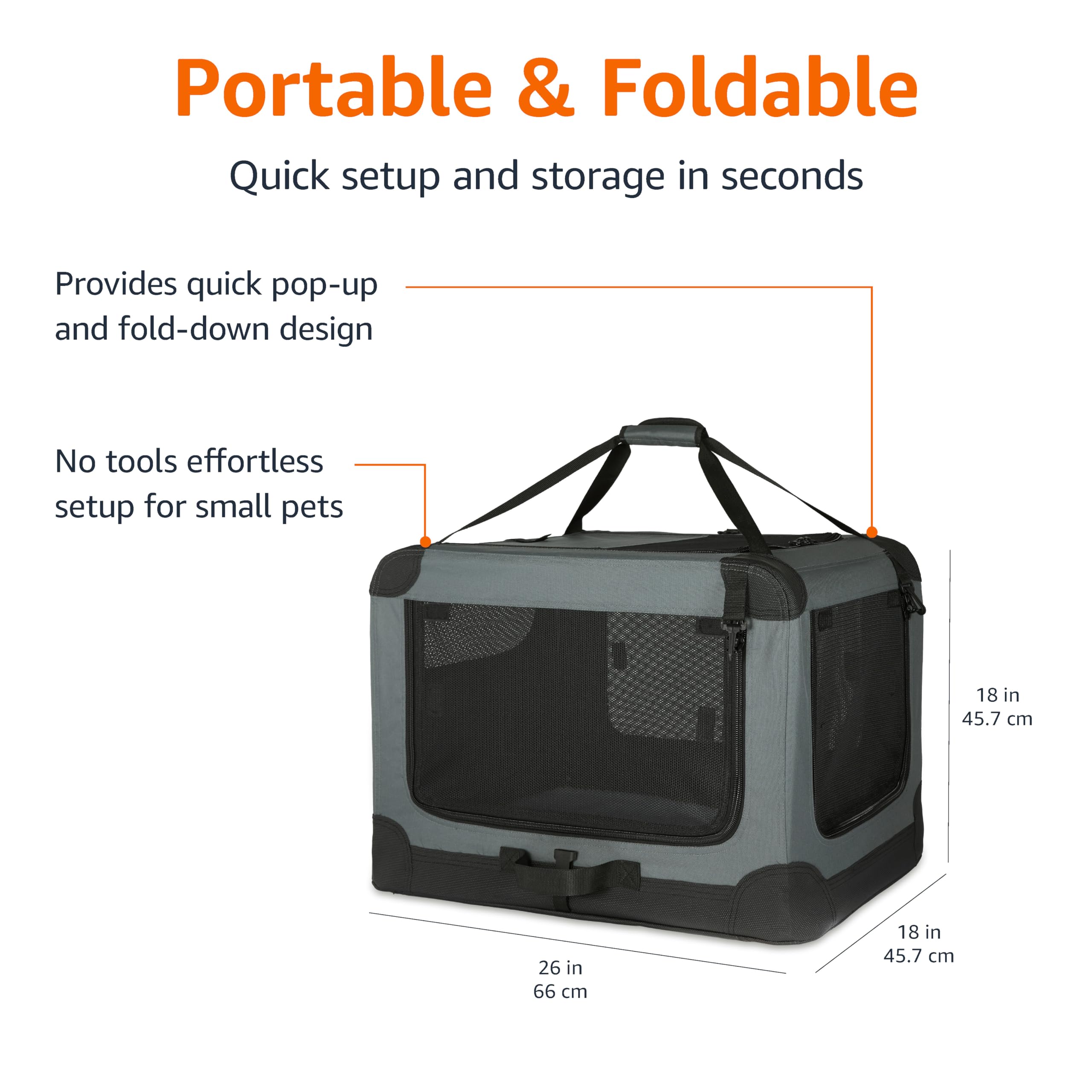 Amazon Basics Portable Folding Soft Dog Crate, 4-Doors, Collapsible Travel Kennel for Cat, Dog, and Small Animals, Quick Setup, Small 26" x 18" x 18", Grey