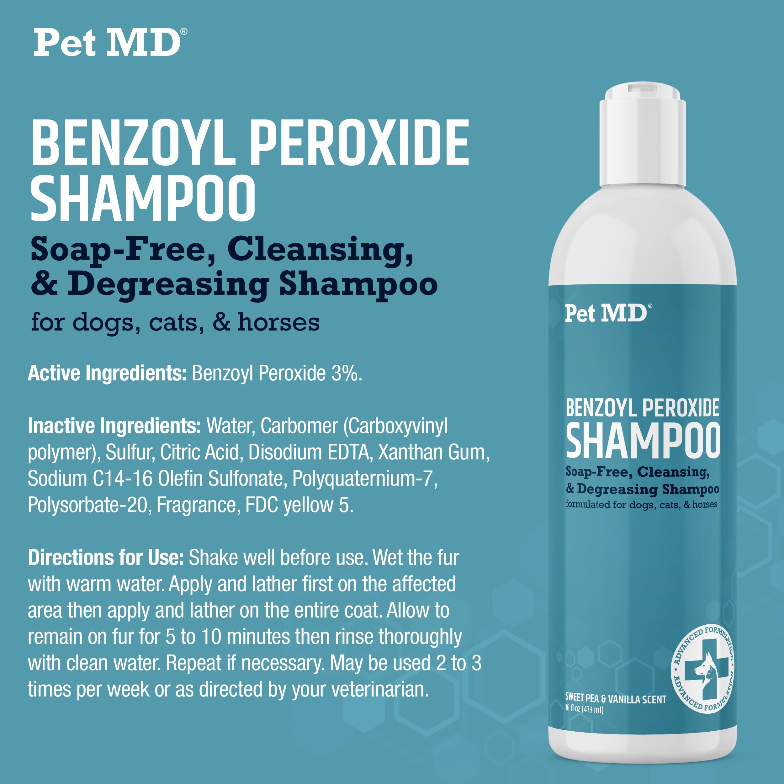 Pet MD Benzoyl Peroxide Shampoo for Dogs & Cats - Helps Remove Dead Skin, Unclog Pores, and Manage Mange - Seborrhea and Degreasing Shampoo for Pet Skin Maintenance - Sweet Pea Vanilla Scent (16oz)