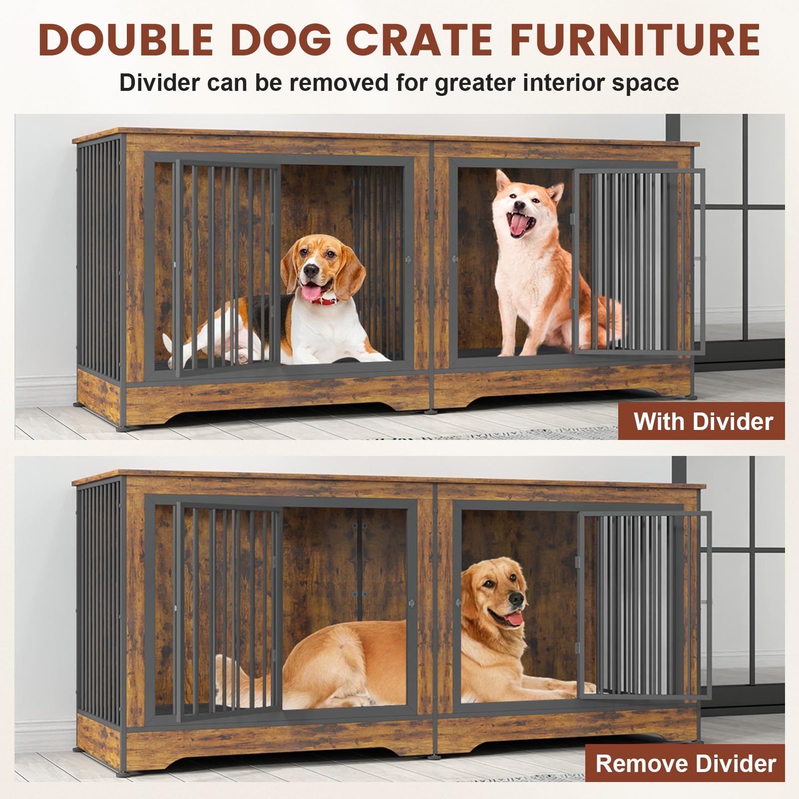 Yafylly 3-in-1 Double Dog Crate Furniture, 66.1 Inch White Furniture Kennel for Large Dogs with Divider, Dog Kennel Dog Crates TV Stand with 2 Drawers and Sliding Doors