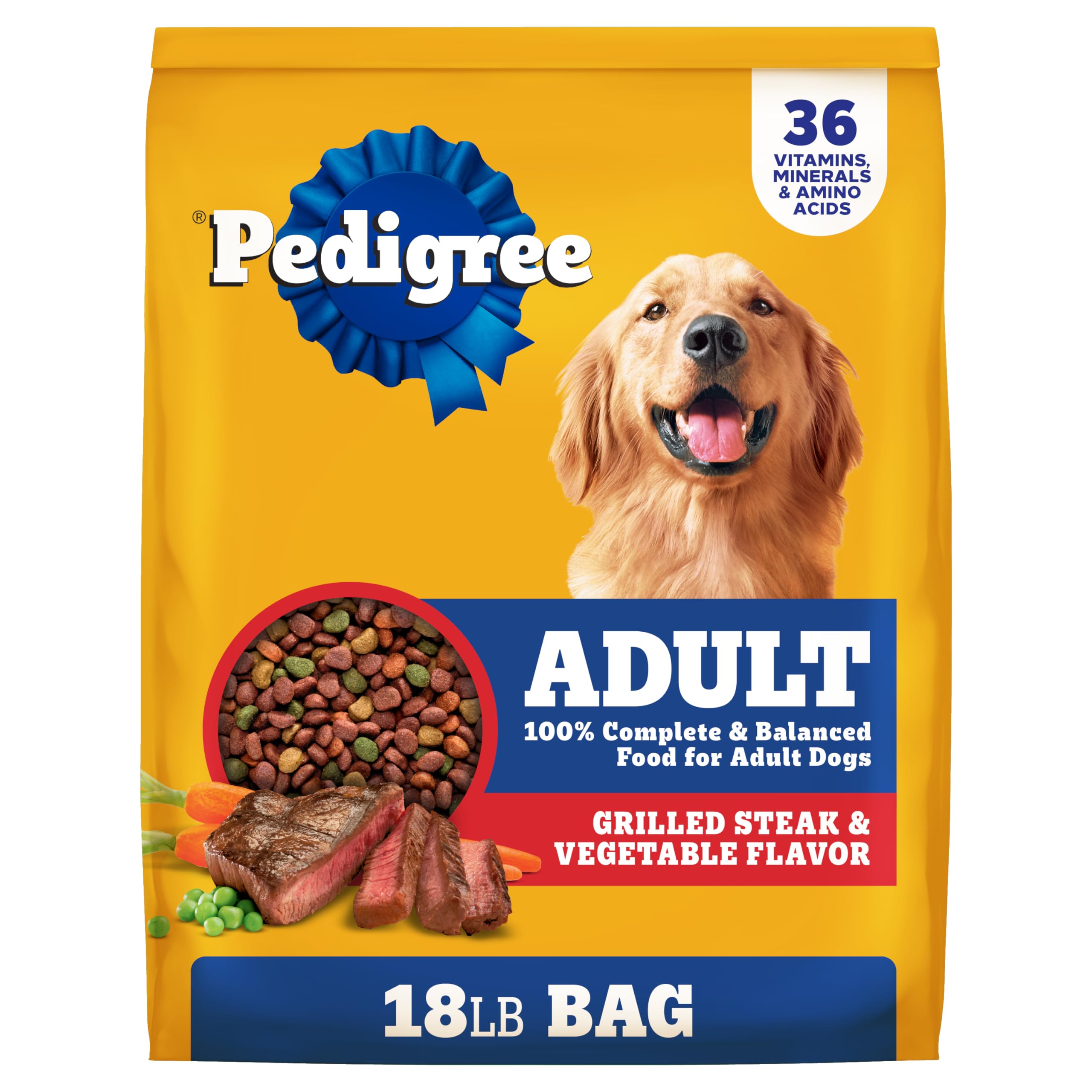 Pedigree Adult Dry Dog Food, Complete Nutrition, Grilled Steak & Vegetable Flavor, 18 lb. Bag