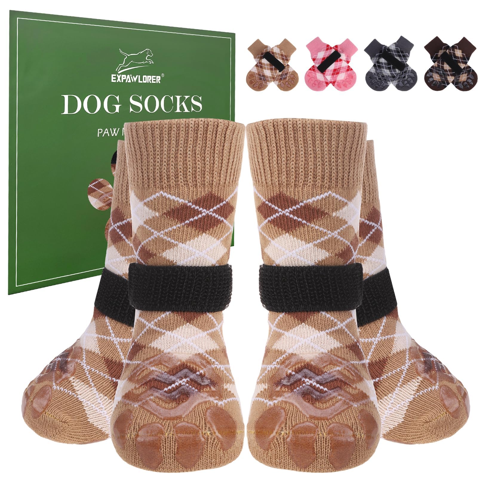 EXPAWLORER Dog Socks to Prevent Licking Paws,Anti Slip Dog Shoes for Hot Pavement,Dog Booties for Hardwood Floors,Dogs Boots & Paw Protectors for Small Medium Large Senior Dogs,British Style,Khaki M