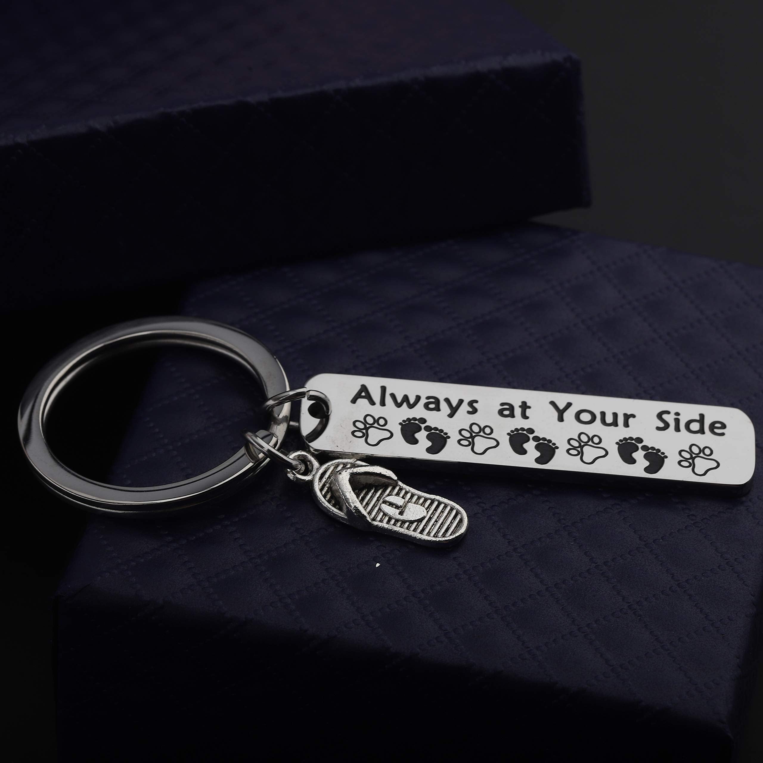 BEKECH Beach Lover Gift Dog Lover Gift Always at Your Side Paw Print Flip Flop Shoes Charm Keychain Sandy Feet Beach Jewelry Vacation Gift for Dog Lover(silver)