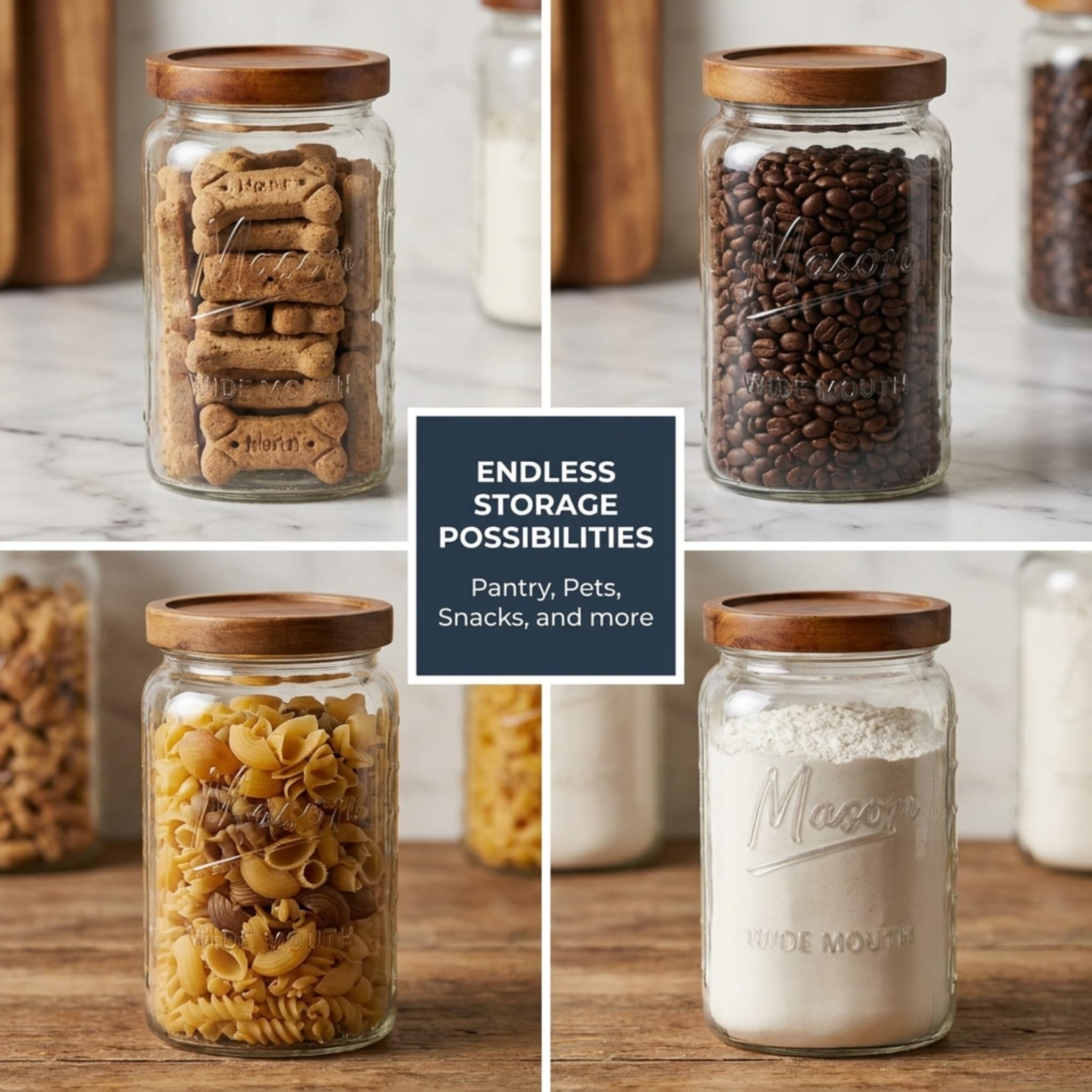 1 Gallon Glass Jar with Wooden Lid - Extra Large Mason Jar Wide Mouth with Airtight Wood Lid - Square Glass Storage Container with Measurement Markings for Flour, Sugar, Cookies & Pickling