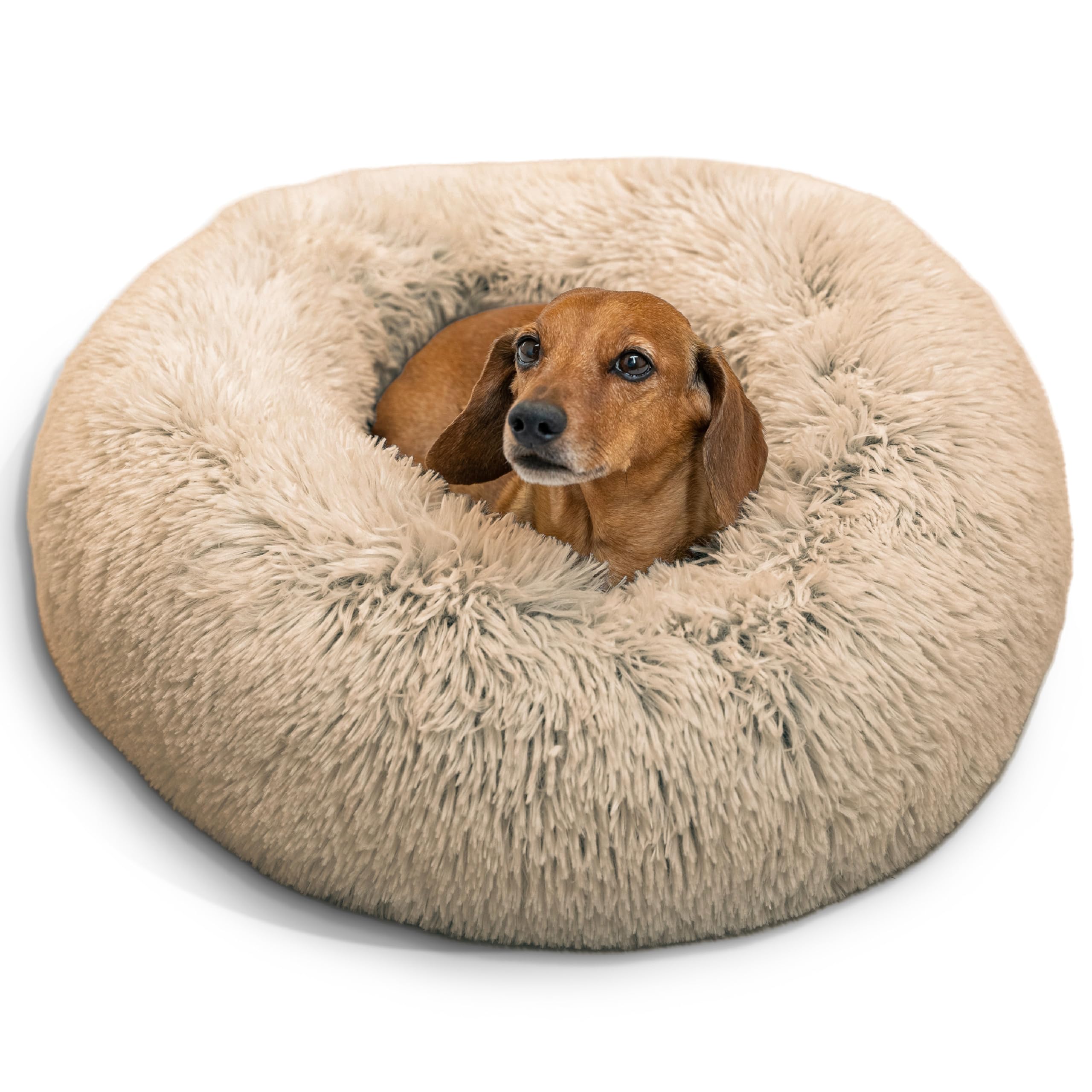 Best Friends by Sheri The Original Calming Donut Dog Bed for Small Dogs up to 25 lbs, Shag Faux Fur, Taupe, 23" x 23"