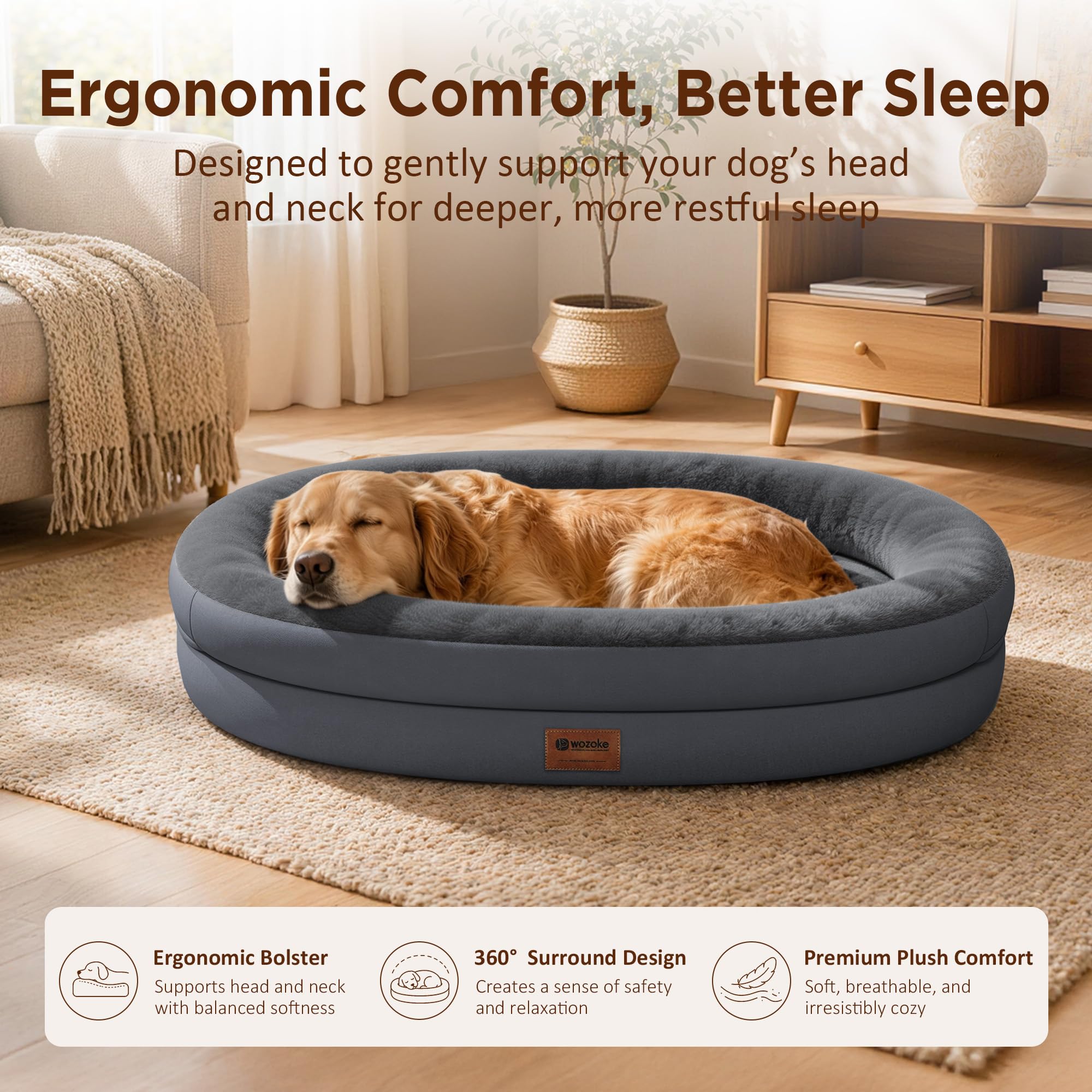 WOZOKE Orthopedic Dog Bed for Large Dogs, Waterproof Dog Bed for Large Size Dogs with Bolsters, Egg Crate Foam Sofa Bed with Washable Removable Cover & Non-Slip Bottom, Dark Grey