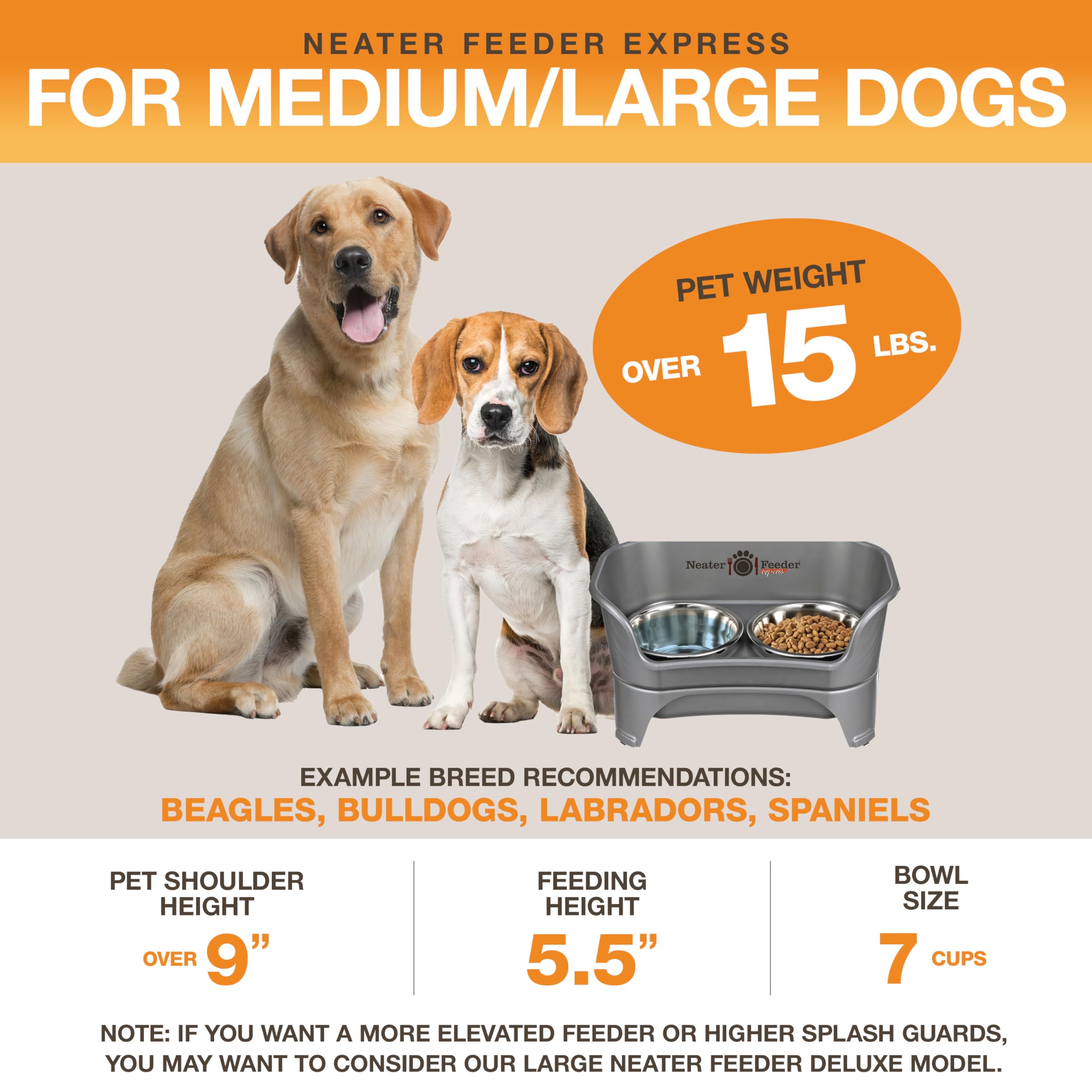 Neater Feeder Express Mess Proof Dog Bowls Elevated for Medium to Large Sized Breed, No Spill Raised Dog Food Bowl Stand, Stainless Steel Food and Water Bowl Set, Pet Dish Feeding Station, Grey