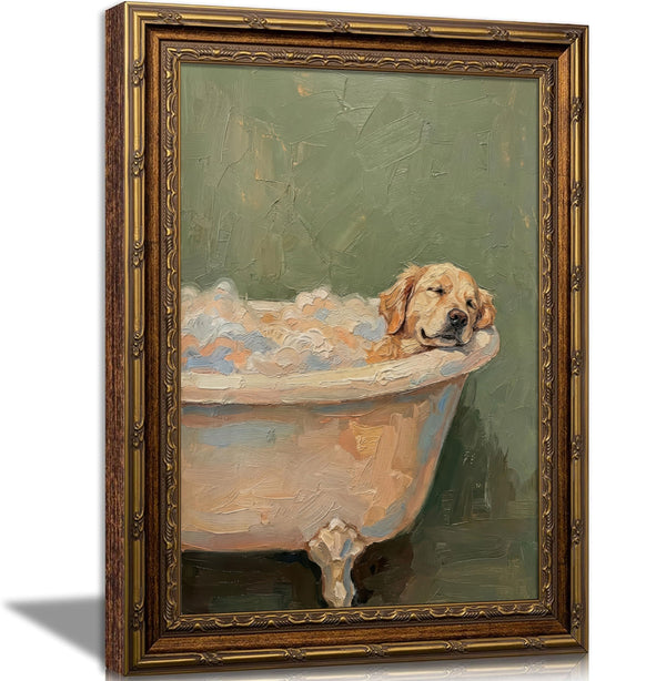 Vintage Gold Framed 3D Textures Wall Art Funny Dog Bathroom Canvas Prints Golden Retriever in Bathtub Painting Cute Animal Picture Green Bathroom Wall Decor for Dog Lovers Ready to Hang