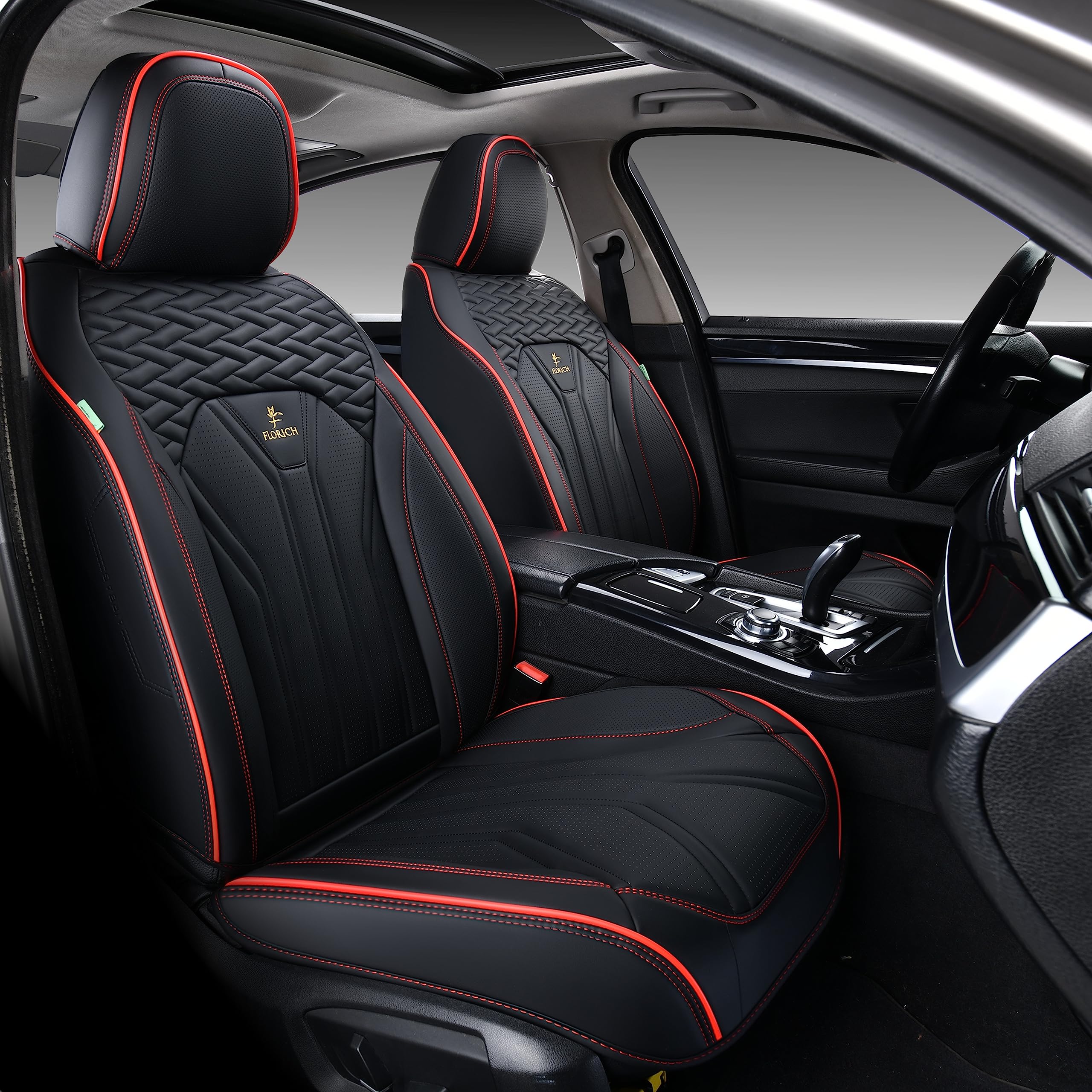 FLORICH Seat Covers for Cars, Waterproof Seat Covers, Leather Car Seat Covers 2 Pack, Universal Seat Cushion Protector for Most Cars Trucks SUV-Black&Red Line