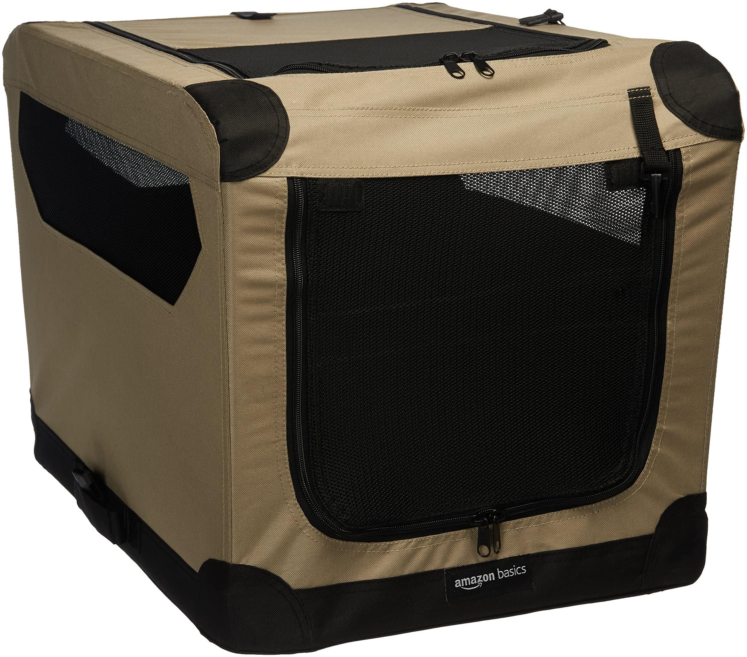 Amazon Basics Portable Folding Soft Dog Crate, 2-Door, Collapsible Travel Kennel, Top & Front Loading, Small 26" x 18" x 18", Tan
