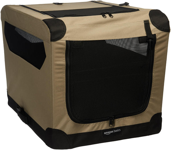 Amazon Basics Portable Folding Soft Dog Crate, 2-Door, Collapsible Travel Kennel, Top & Front Loading, Small 26" x 18" x 18", Tan