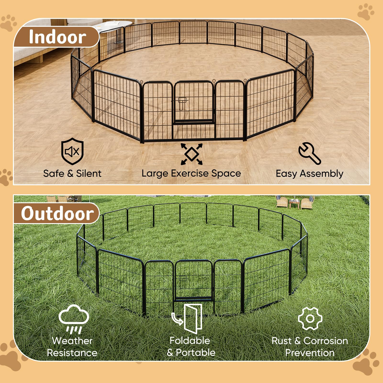 DUMOS Dog Playpen Indoor, Metal 24 Inch 16 Panels Foldable Pet Fence with Door, Outdoor Small Medium Large Dog Puppy Portable Exercise Play Pen for RV Camping, Trips, Play Yard