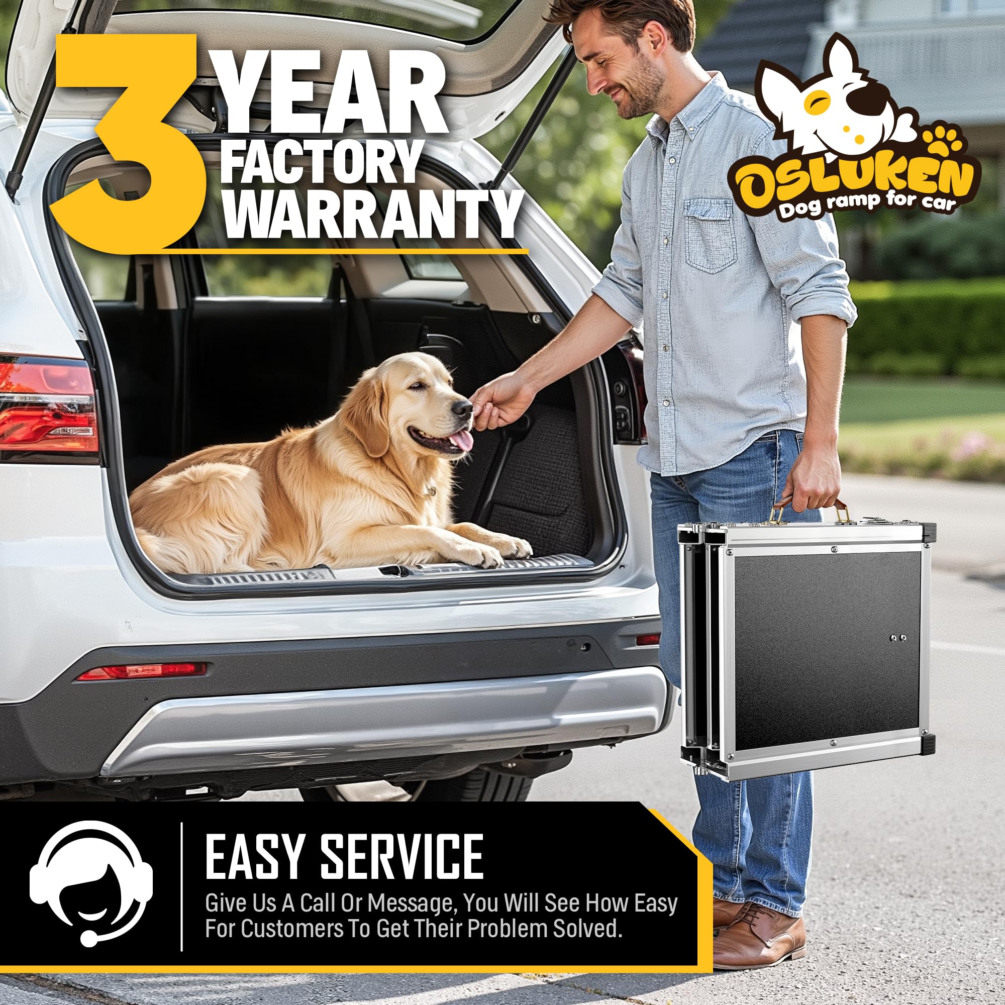 71" Aluminum Alloy Dog Ramp for Car SUV Truck Side Door, Foldable Outdoor Pet Ramp with Heavy Duty Steel Hinges, Non-Slip Traction Surface, Sturdy Ramp for Large Dogs Up to 200 LBS