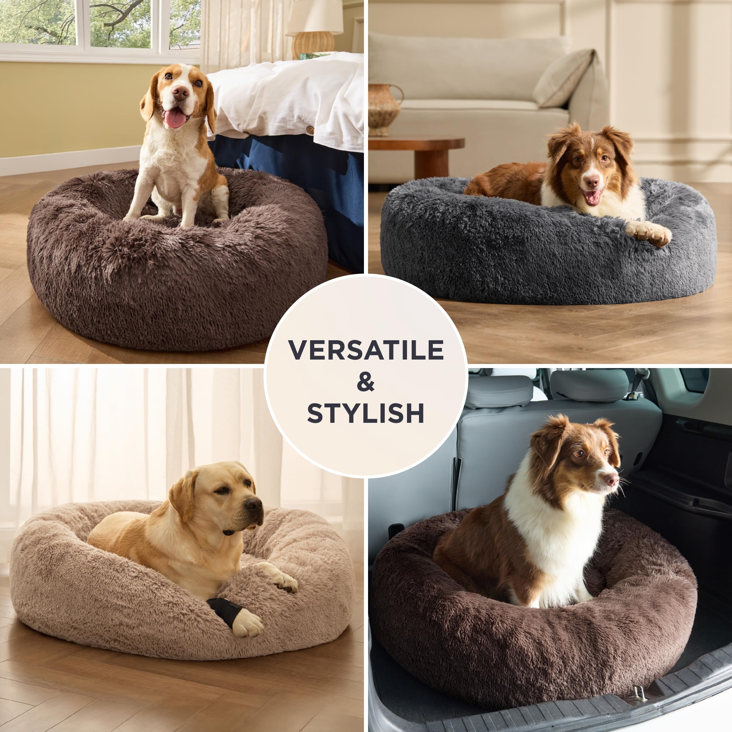 Bedsure SupportMax™ Calming Dog Beds Large Sized Dog - 36in Donut Washable Large Pet Bed,Anti-Slip ＆Removable Cover,420GSM Round Anti-Anxiety Fluffy Plush Faux Fur Bed, Fits up to 80 lbs Pets