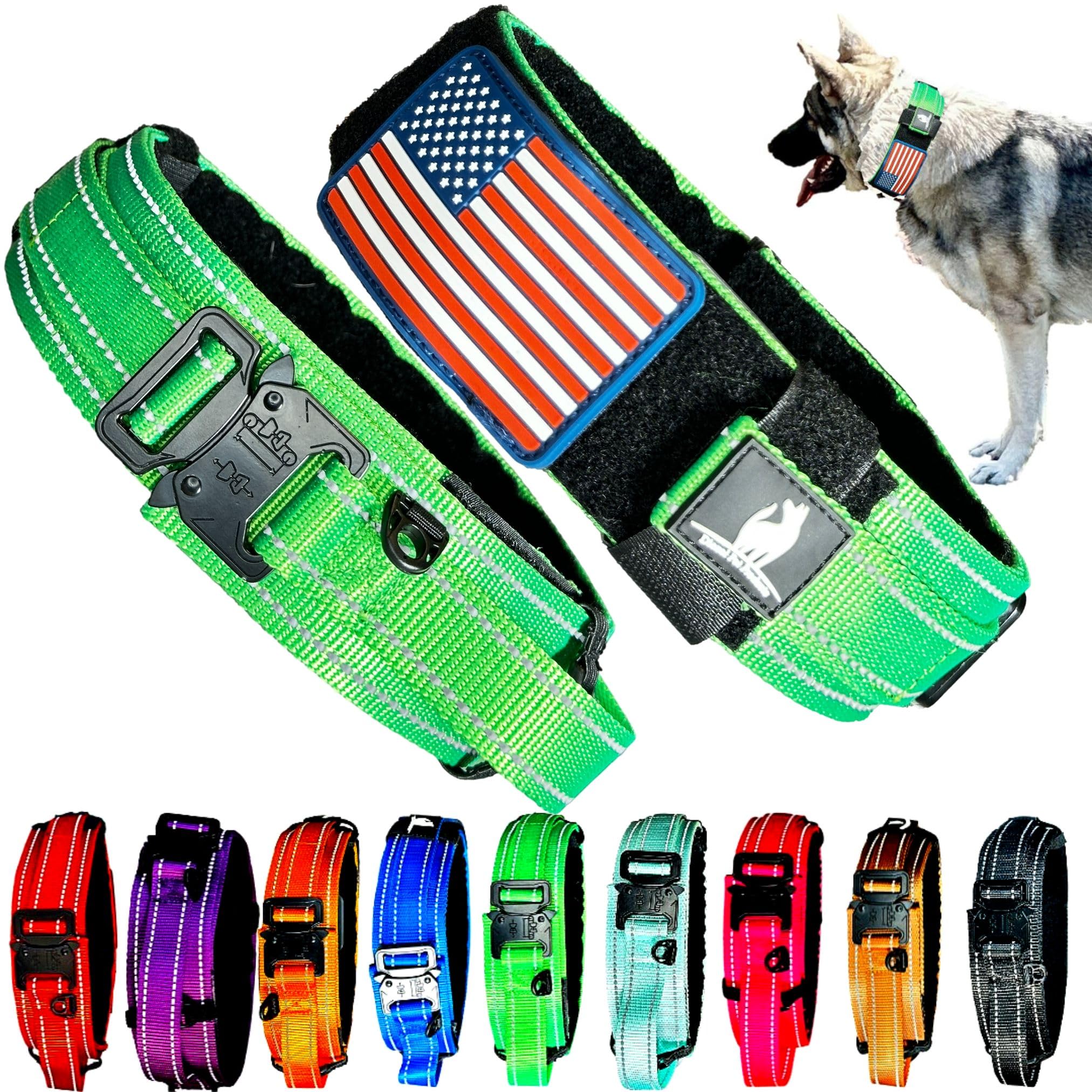 2-Inch Wide Tactical Dog Collar with Control Handle, Adjustable for Medium & Large Dogs, Military Style with Heavy-Duty Metal Buckle, USA Flag Patch & Customizable Name Plate, Training & Everyday Use
