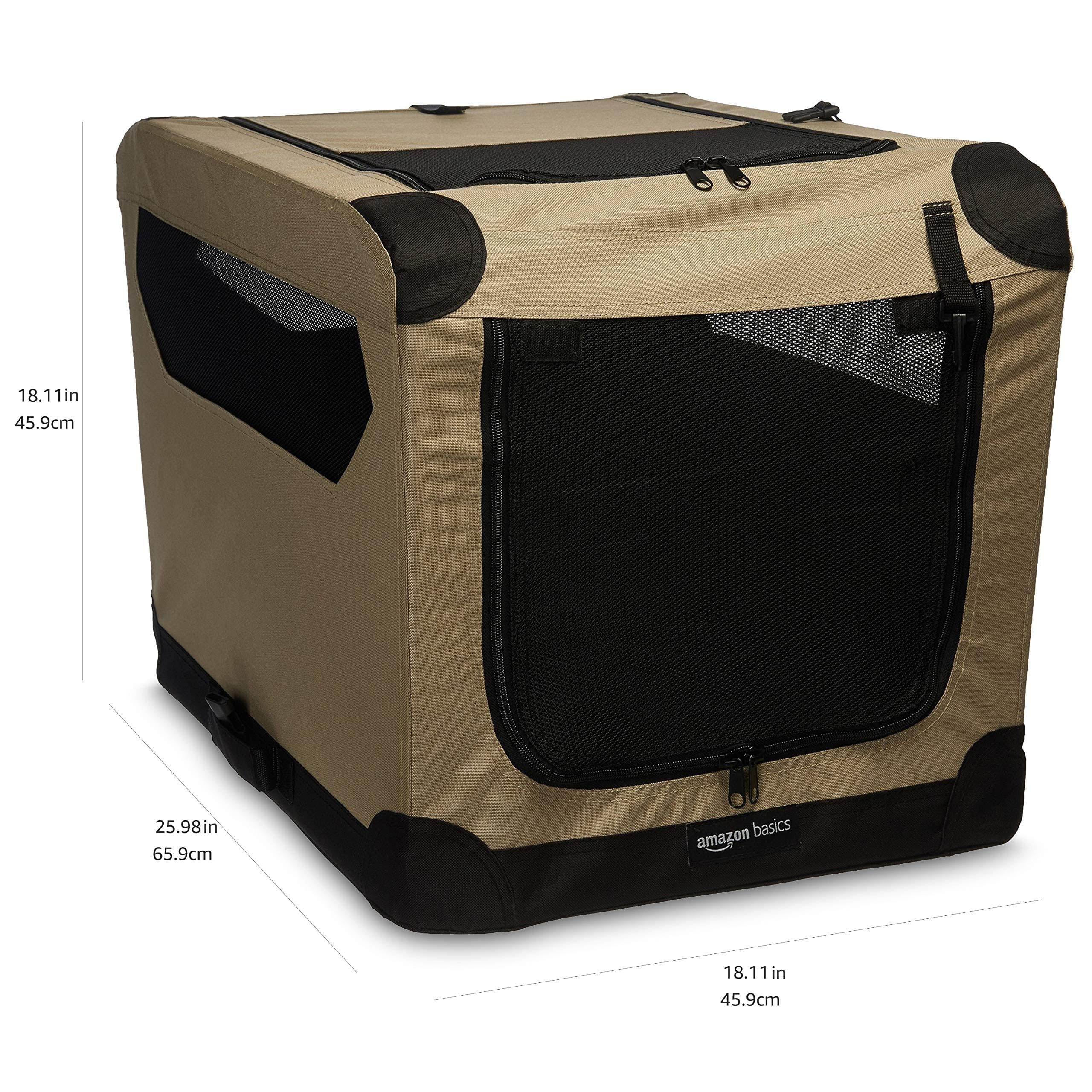 Amazon Basics Portable Folding Soft Dog Crate, 2-Door, Collapsible Travel Kennel, Top & Front Loading, Small 26" x 18" x 18", Tan