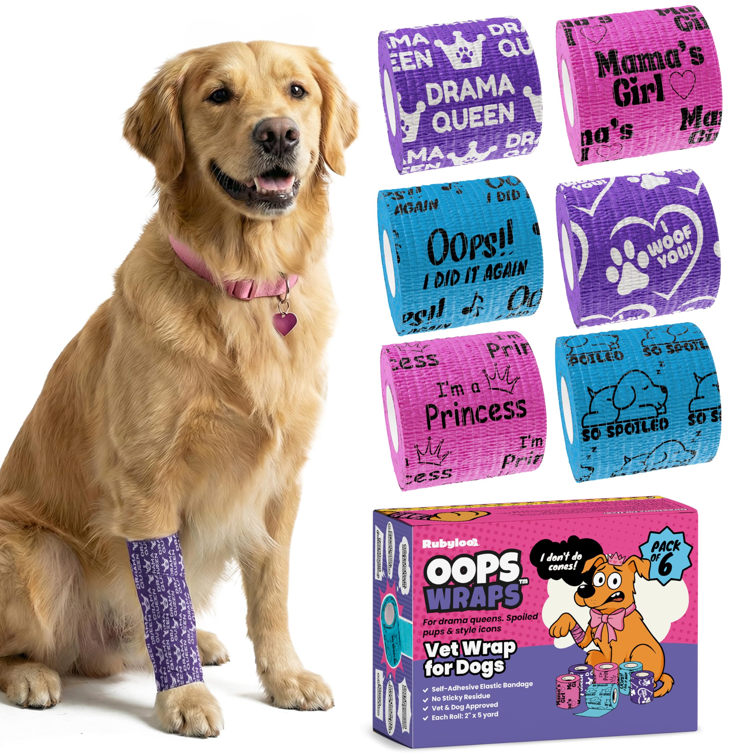 Vet Wrap for Dogs – Funny Dog Bandage for Wounds – Girls 6 Pack 2" Self-Adhesive Vet Tape – Breathable Pet Wrap Bandage for Hot Spots & Injuries – Dog First Aid Kit Supplies – Oops Wraps by Rubyloo