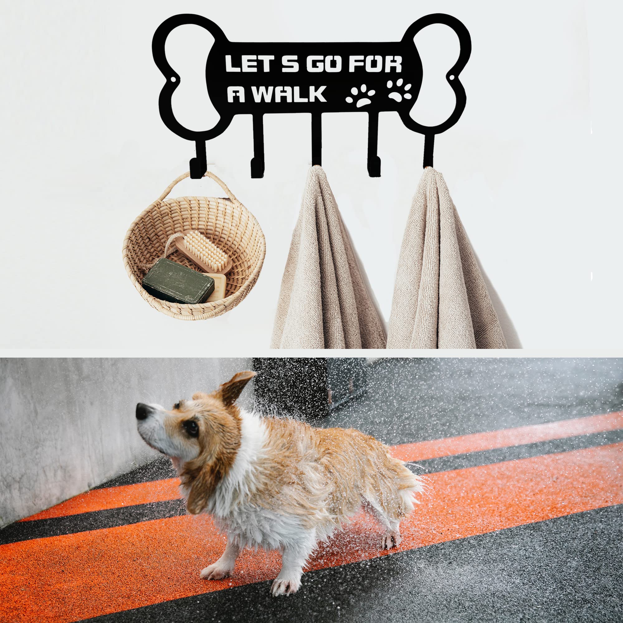 BiaGift Wall Mounted Dog Leash Holder and Key Organizer - 'Lets Go for A Walk' with Farmhouse Style