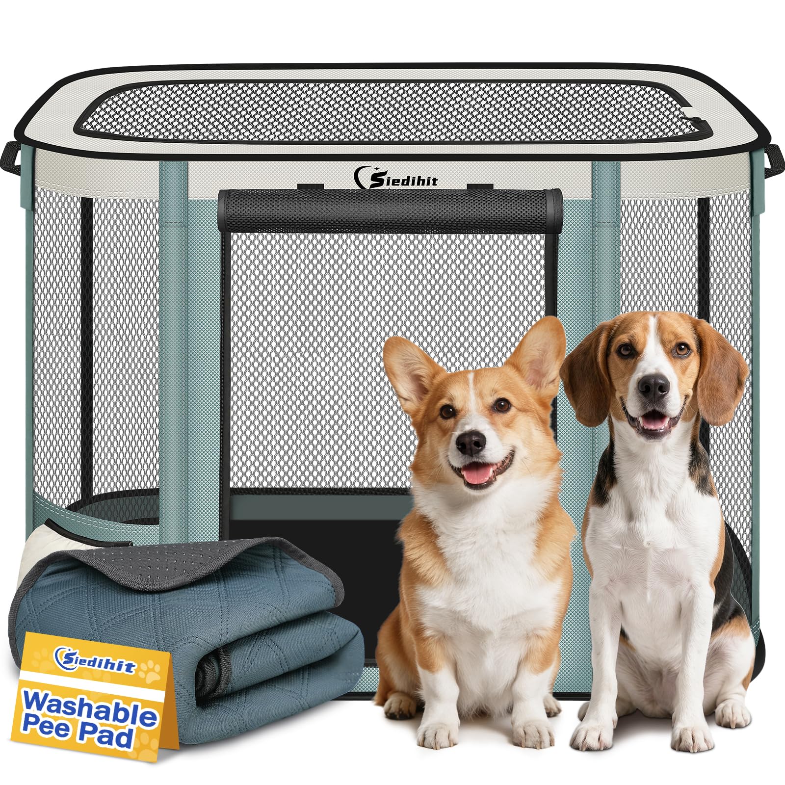 Siedihit Dog Cat Playpen Crate with Washable Pee Pad, Reinforced Durable Dog Cage, Portable Foldable Pet Kennel with Breathable Visibility (Grey with Pad, Large)