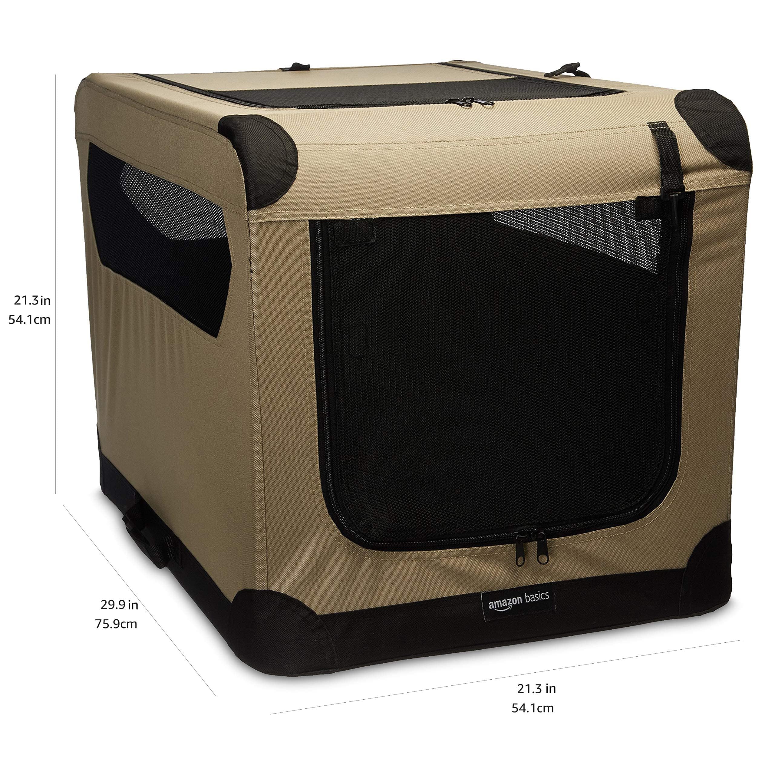 Amazon Basics Portable Folding Soft Dog Crate, Double Door, Collapsible Travel Kennel, Easy to Assemble, Medium, 29.92" x 21.3" x 21.3", Tan