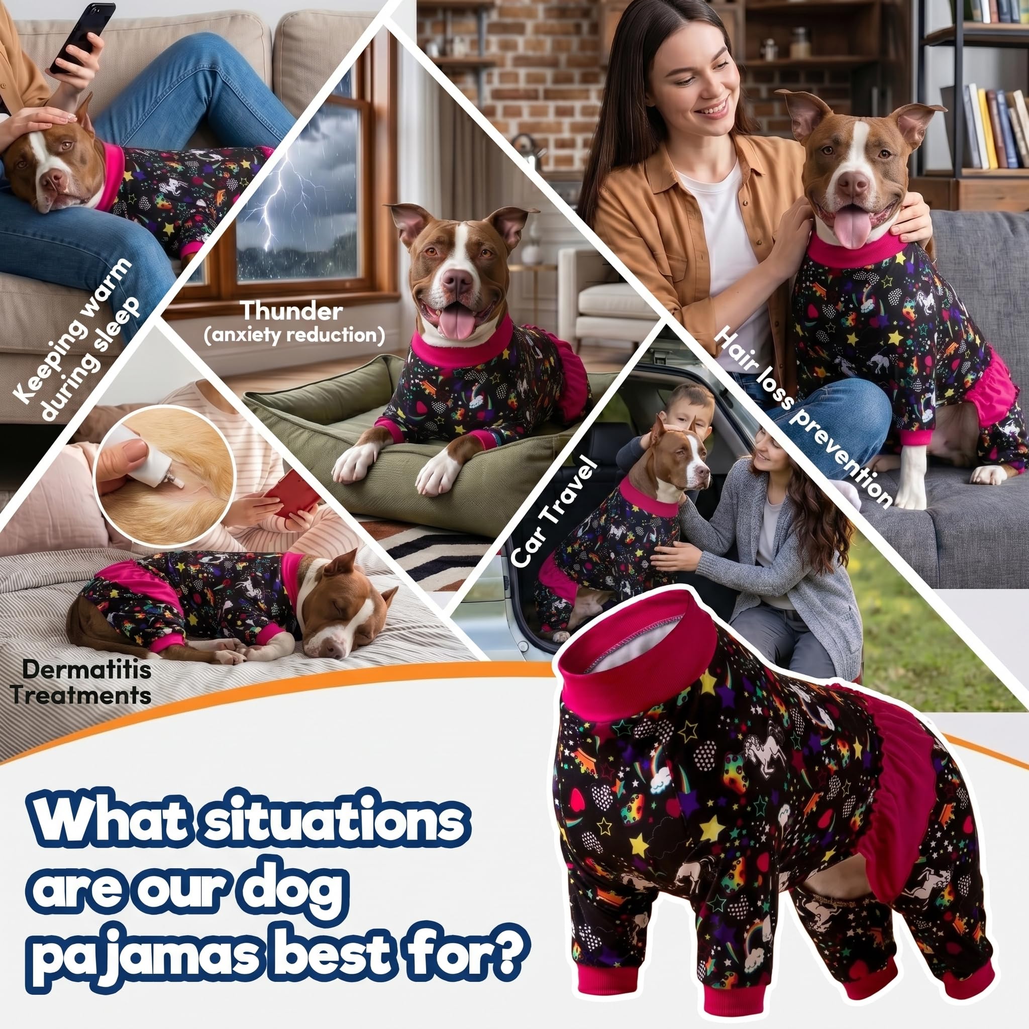 LovinPet Large Breed Dog Pajamas, Wound Care/Post Surgery Recovery Shirt for Large Dogs, Unicorn and Rainbow Black Print, Stop Shedding for Dogs, Pitbull Clothes, Bodysuit Dog Jammies, 2XL