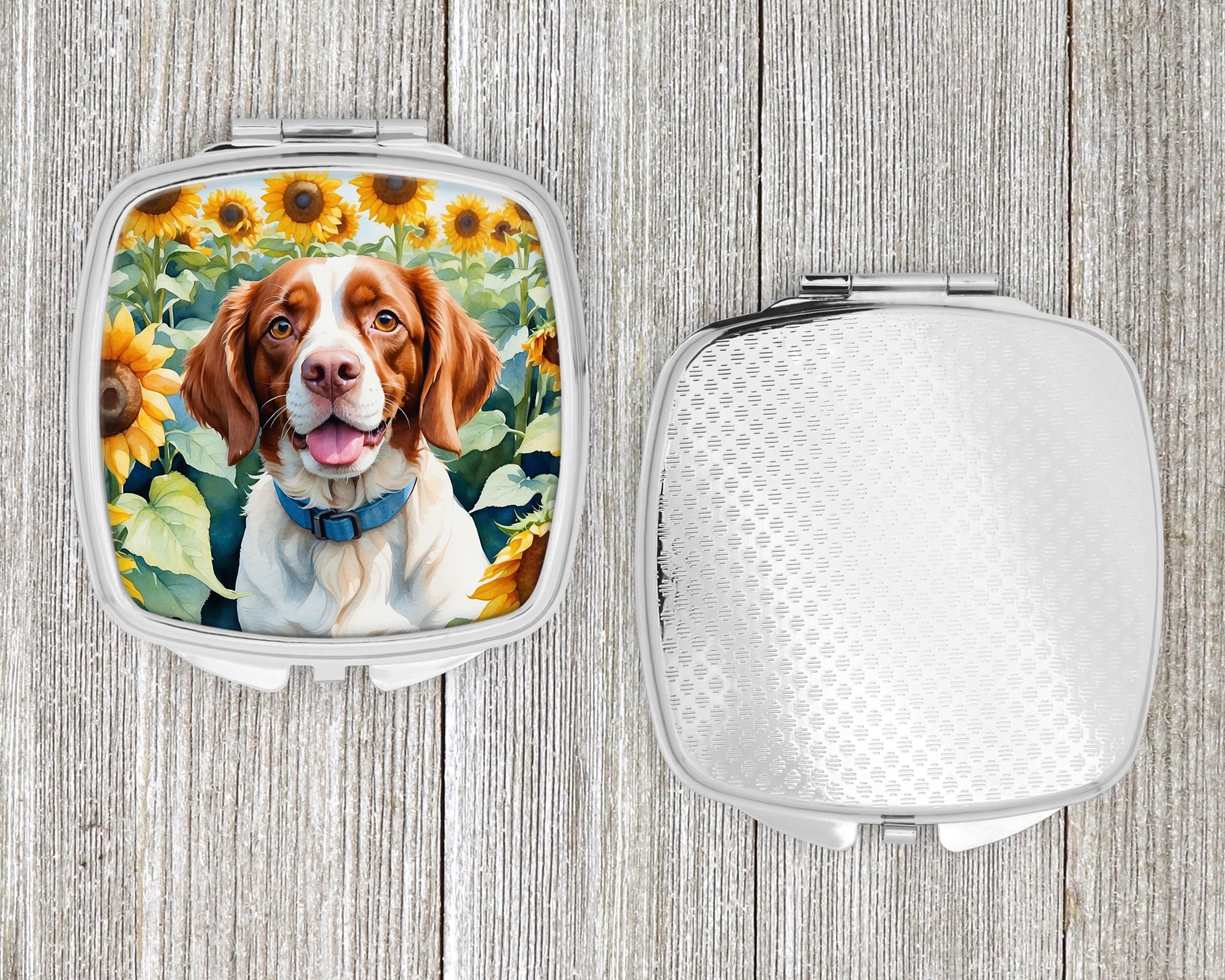 Caroline's Treasures Brittany Spaniel in Sunflowers Compact Mirror Decorative Travel Makeup Mirror for Women Girls Gifts Pocket Makeup Mirror Folding Handheld