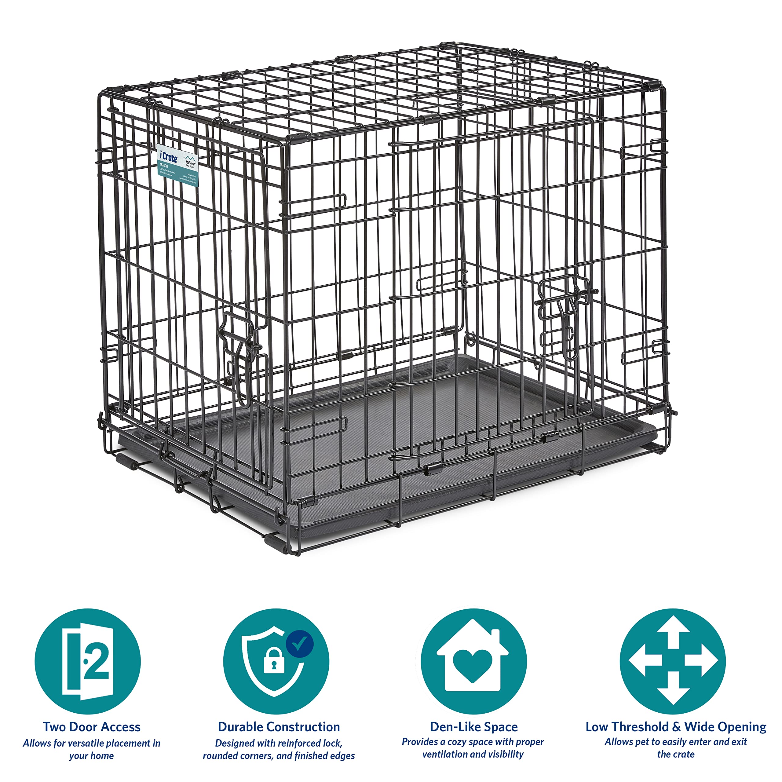 MidWest Homes for Pets 24-Inch iCrate for Small Breeds, 12-20 lbs, Single Door Folding Dog Crate with Divider Panel, Leak-Proof Tray & Secure Latch, Portable, Durable & Easy to Assemble