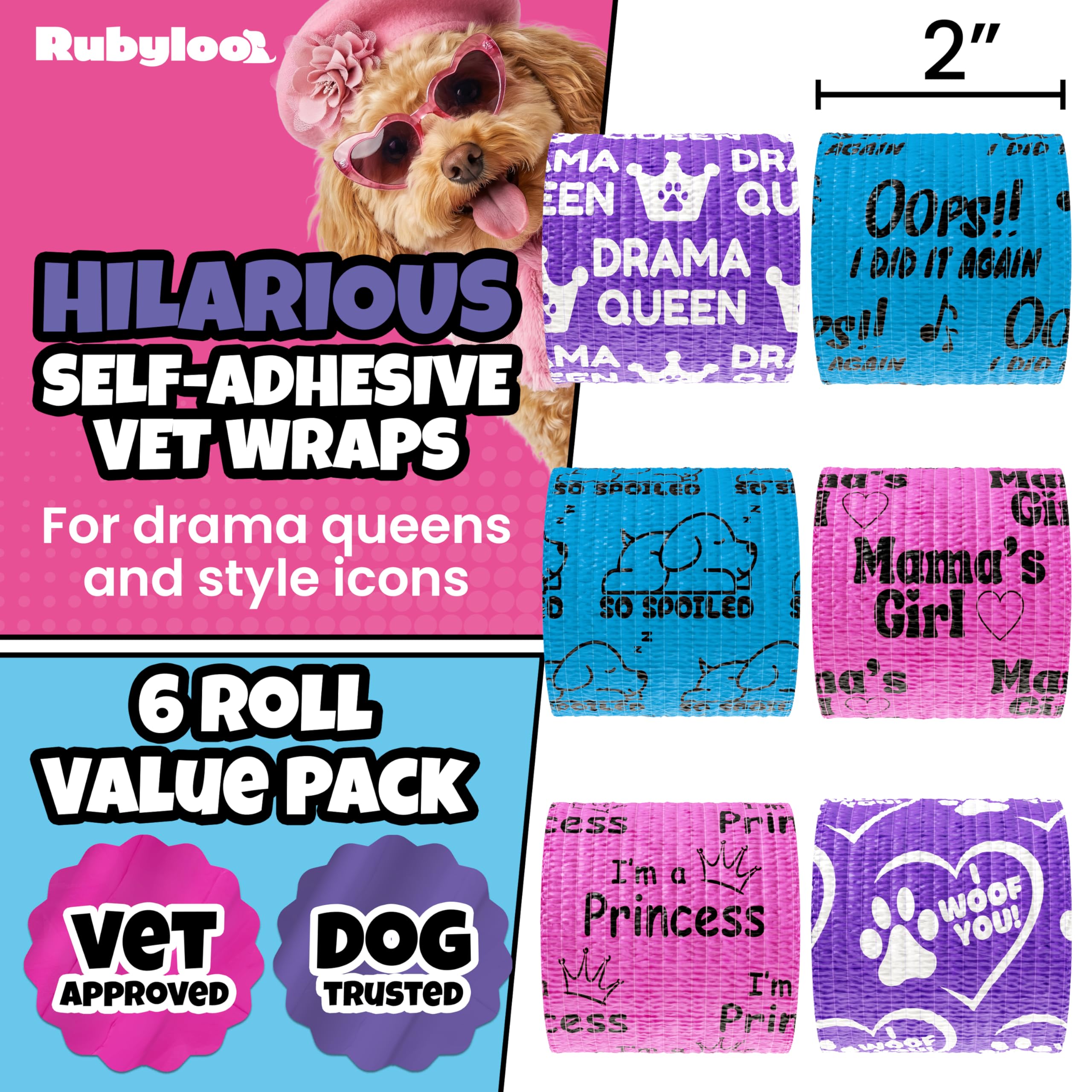 Vet Wrap for Dogs – Funny Dog Bandage for Wounds – Girls 6 Pack 2" Self-Adhesive Vet Tape – Breathable Pet Wrap Bandage for Hot Spots & Injuries – Dog First Aid Kit Supplies – Oops Wraps by Rubyloo