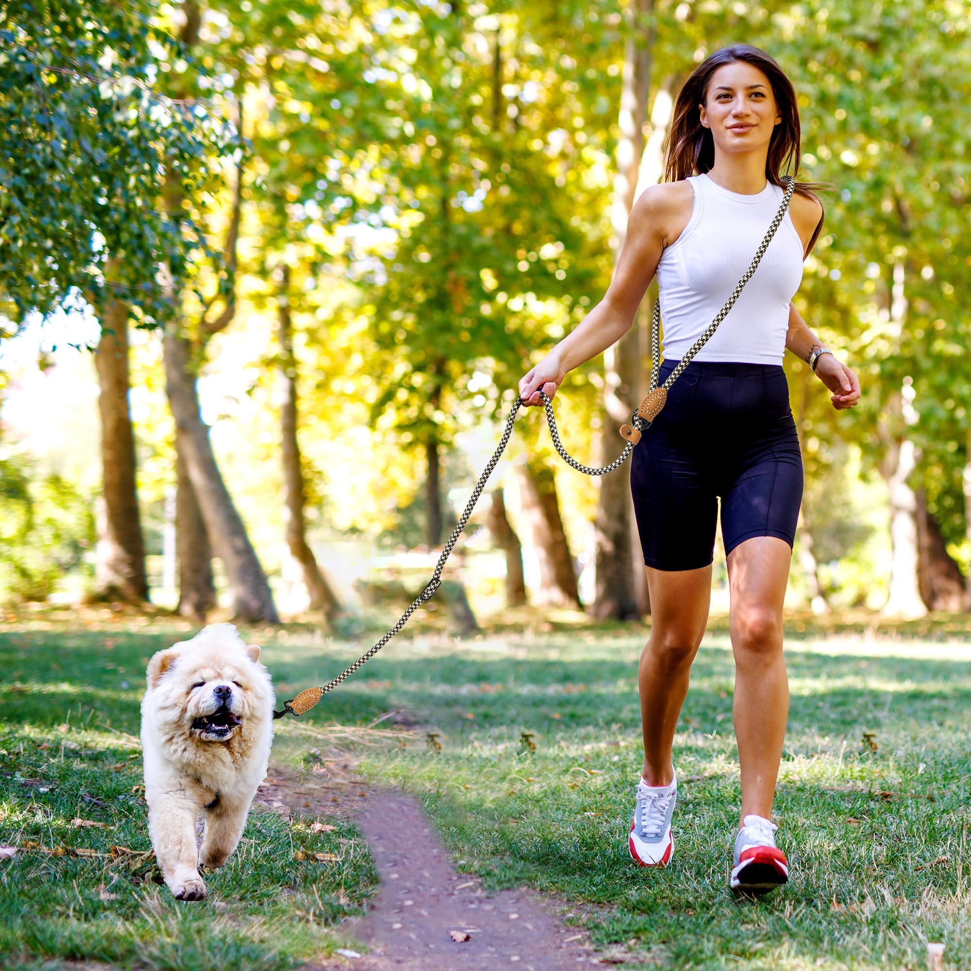 Mile High Life Hands Free Dog Leash, Crossbody Waist Leash with Genuine Leather Connection, Multifunctional Adjustable Slip Lead for Dog Walking Running (Black Khaki, 8FT)