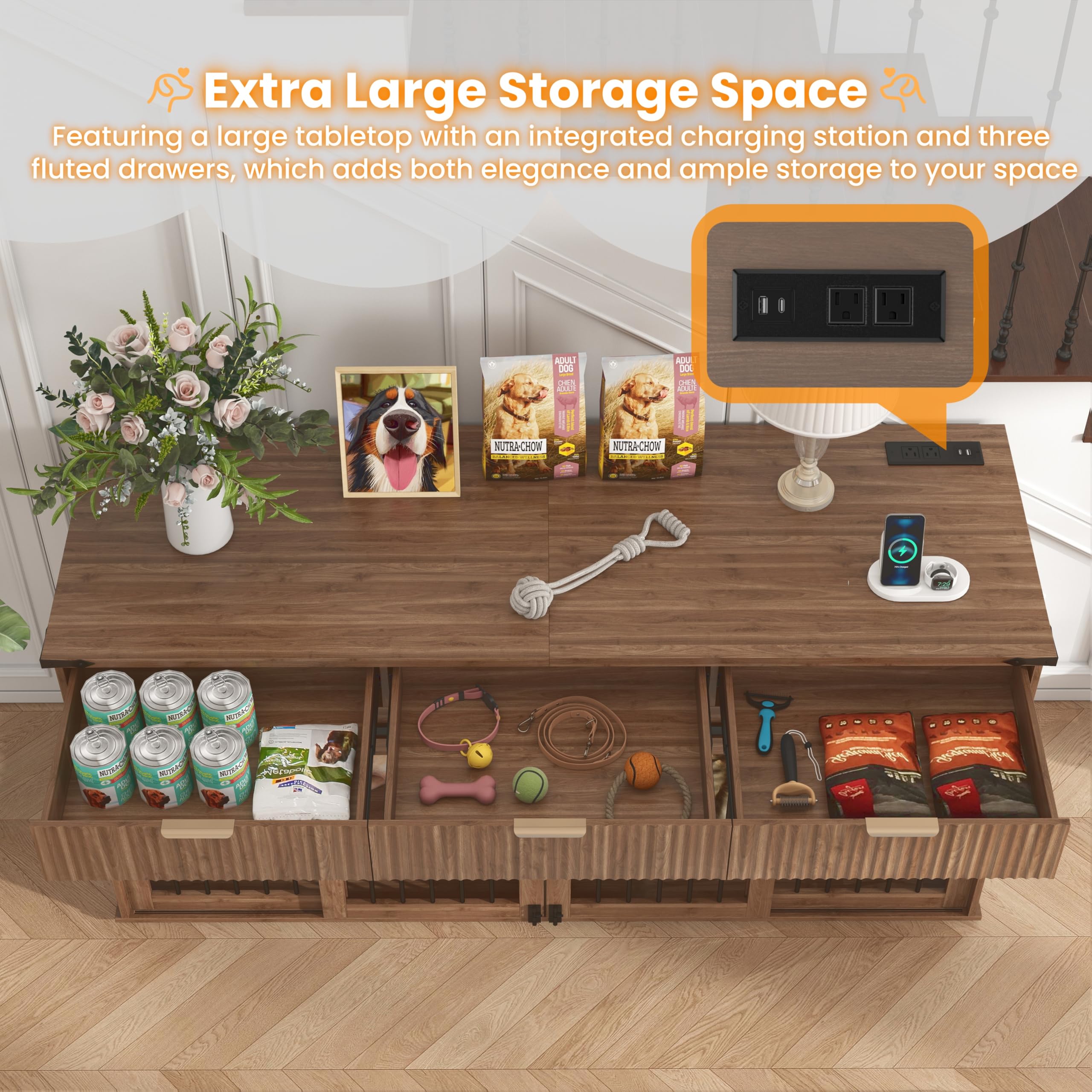 71'' Dog Crate Furniture for 2 Dogs, Wooden Double Dog Kennel with Removable Divider & 360° Rotating Feeder, 3 Fluted Drawers, Charging Station, TV Stand or Side Table (White)