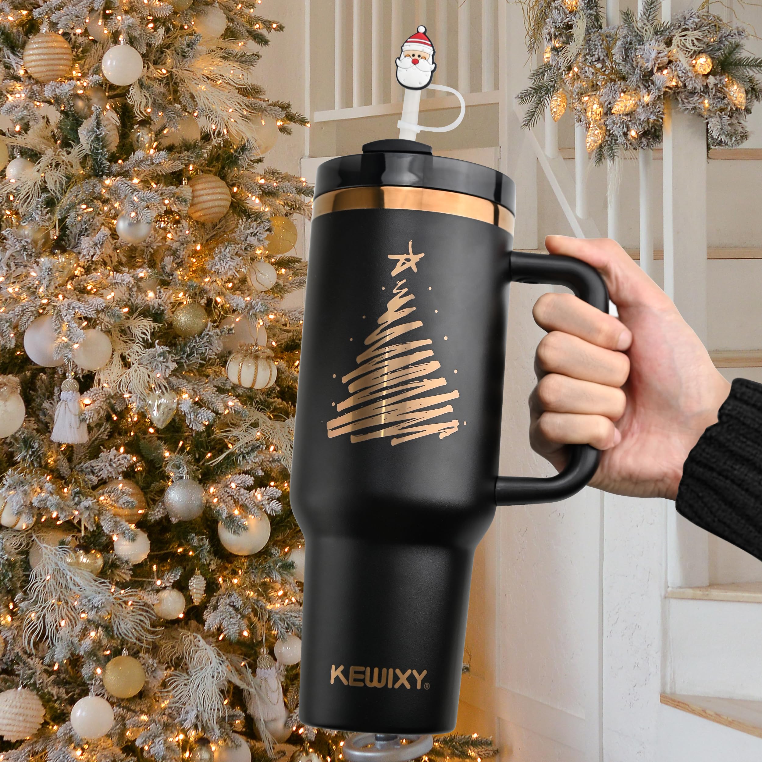 KEWIXY 40 oz Tumbler With Handle and Straw,Vacuum Insulated Water Bottle, Leak Proof Fits in Cup Holder, Travel Coffee Mug with Lid -Golden Christmas Treex1