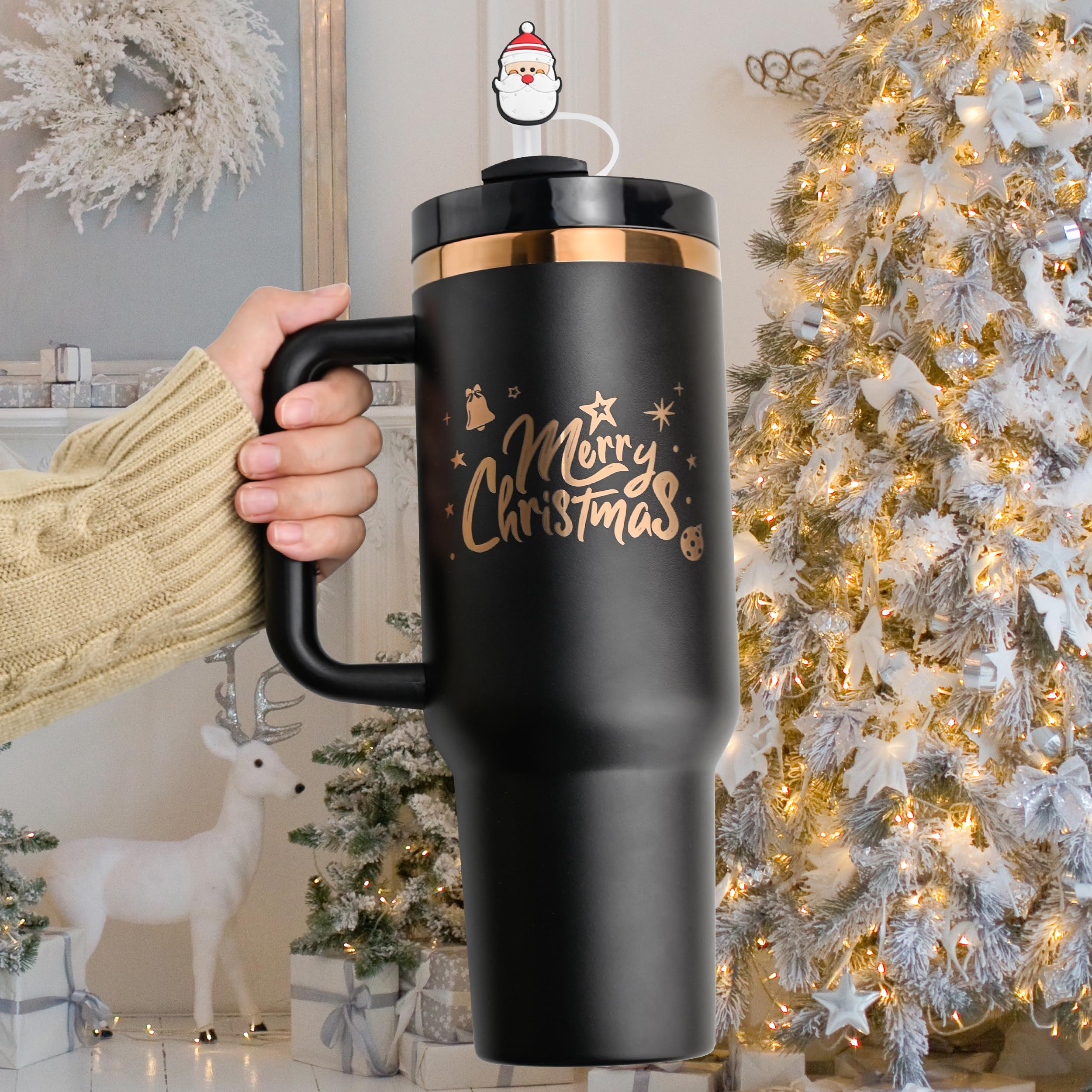 KEWIXY 40 oz Tumbler With Handle and Straw,Vacuum Insulated Water Bottle, Leak Proof Fits in Cup Holder, Travel Coffee Mug with Lid -Golden Christmas Treex1