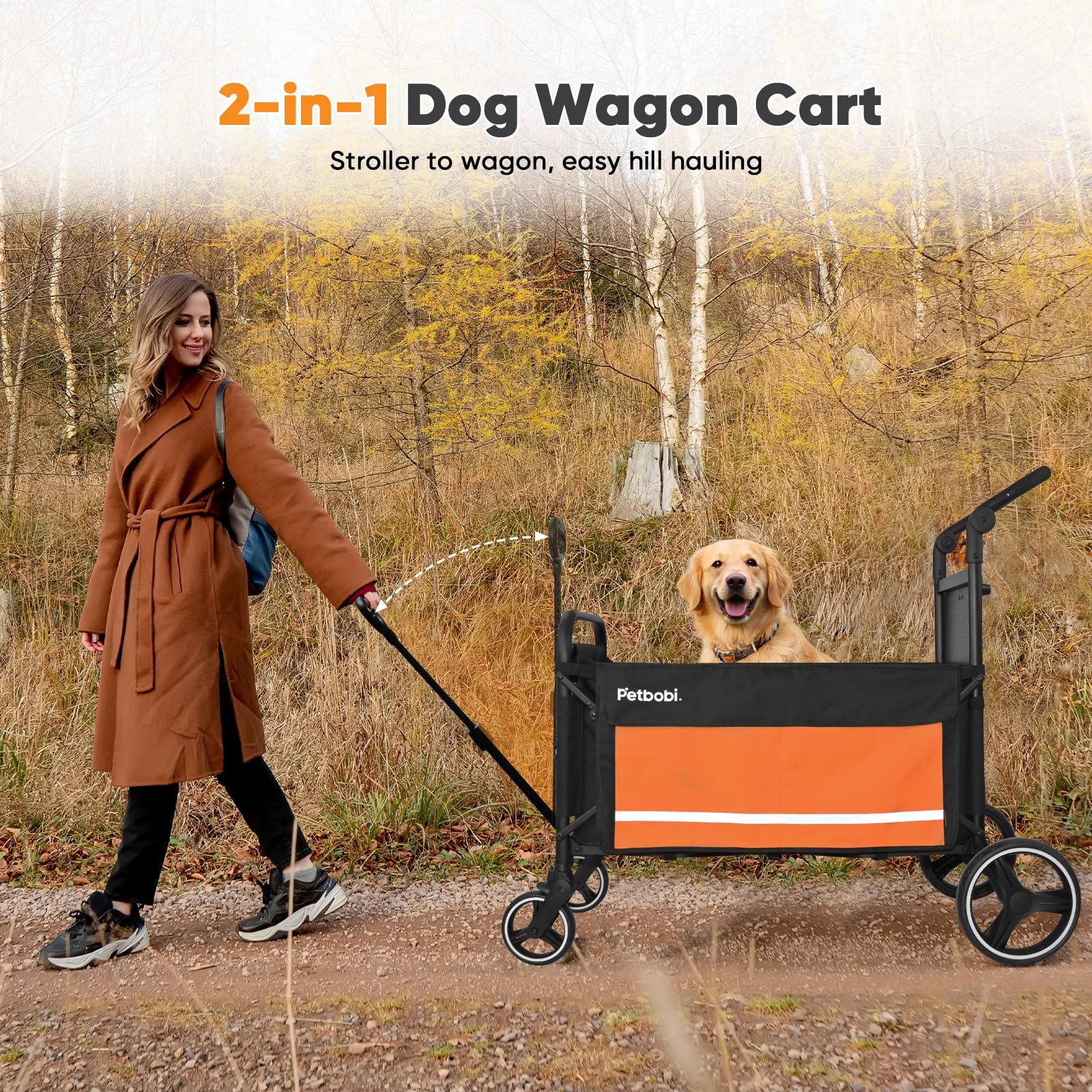 Petbobi Dog Wagon Stroller for Large & Medium Dogs, 2-in-1 Push Pull Pet Cart with Ramp, Foldable Wagon, 360° Swivel Wheels, Adjustable Handles, Safety Leashes, Orange