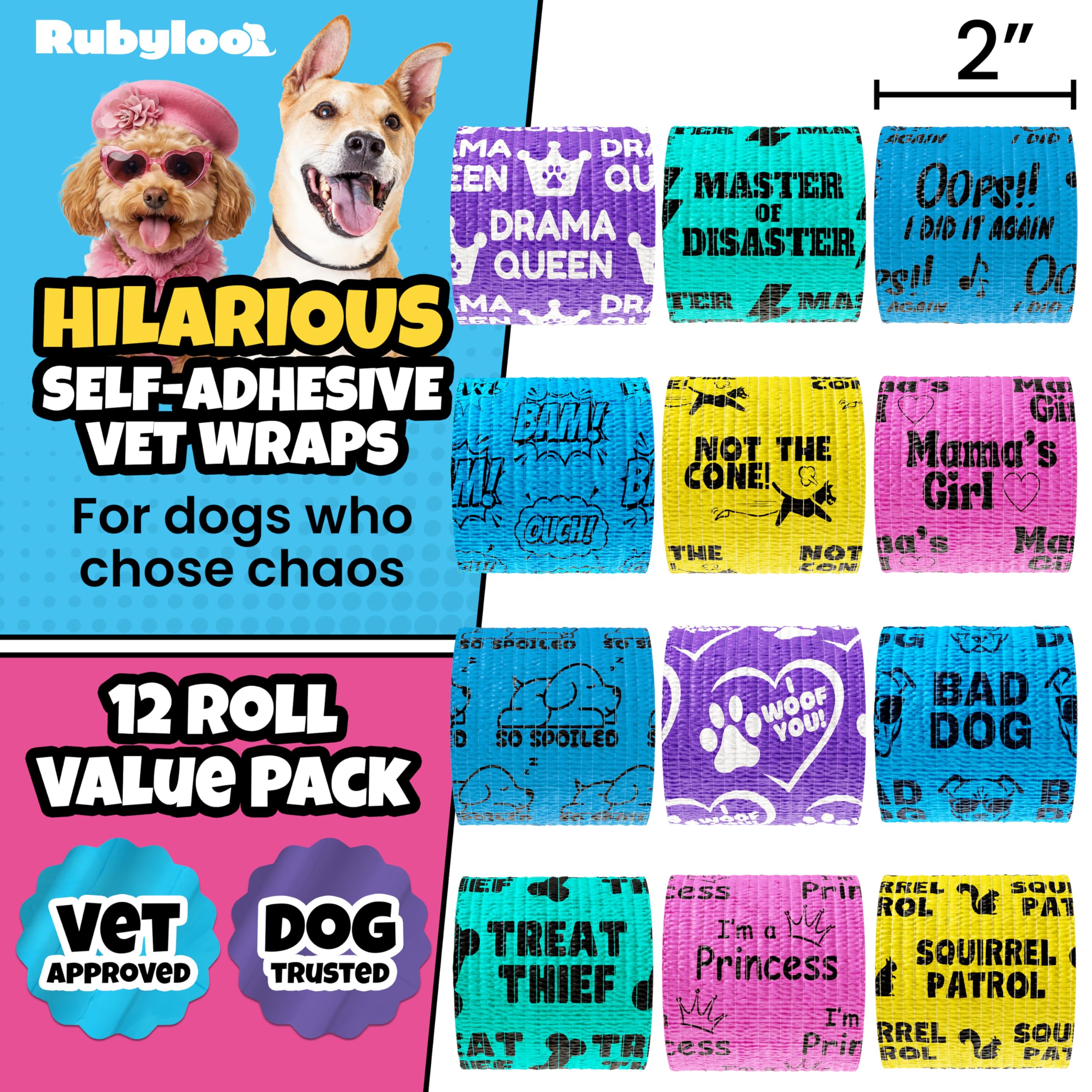 rubyloo Vet Wrap for Dogs – Funny Dog Bandage for Wounds - 12 Pack of 2" Self-Adhesive Vet Tape - Breathable Pet Wrap Bandage for Hot Spots & Injuries, Dog First Aid Kit Supplies - Oops Wraps