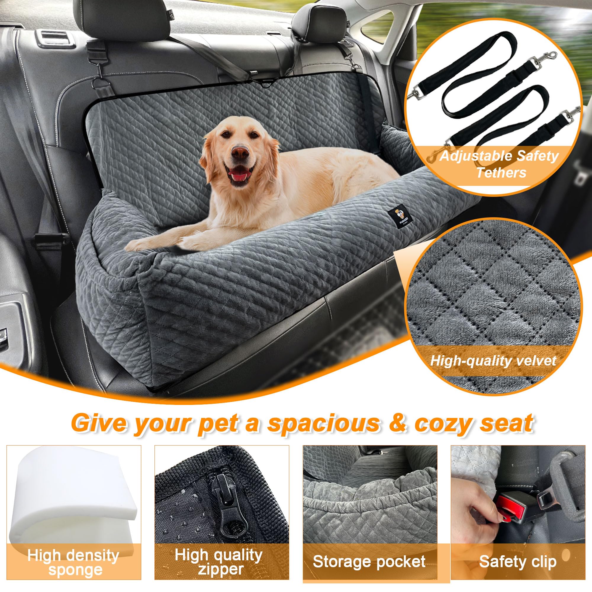 Large Dog Car Seat Under 100LBS,Dog Car Bed with Safety Tethers/Storage Pocket,Only for Back Seat-Gray