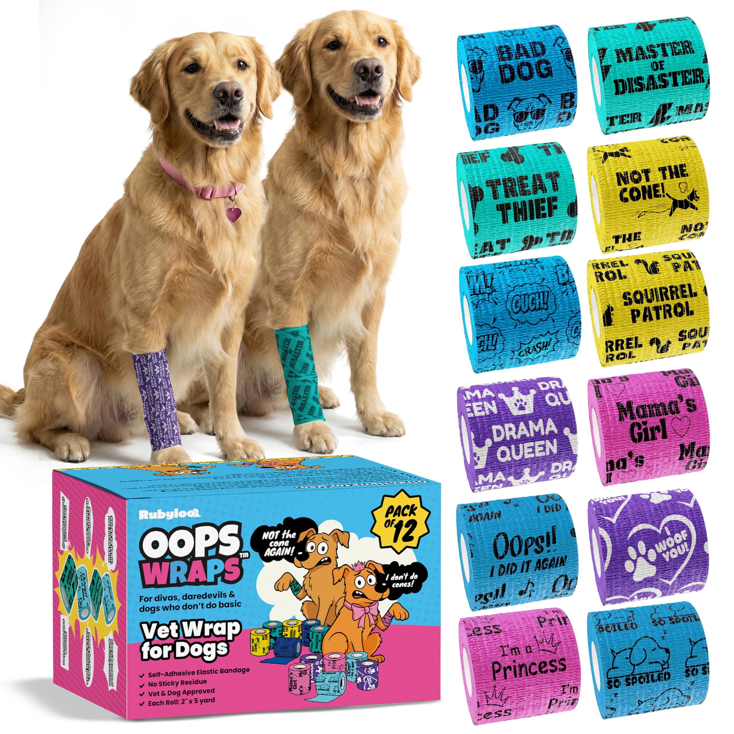 rubyloo Vet Wrap for Dogs – Funny Dog Bandage for Wounds - 12 Pack of 2" Self-Adhesive Vet Tape - Breathable Pet Wrap Bandage for Hot Spots & Injuries, Dog First Aid Kit Supplies - Oops Wraps